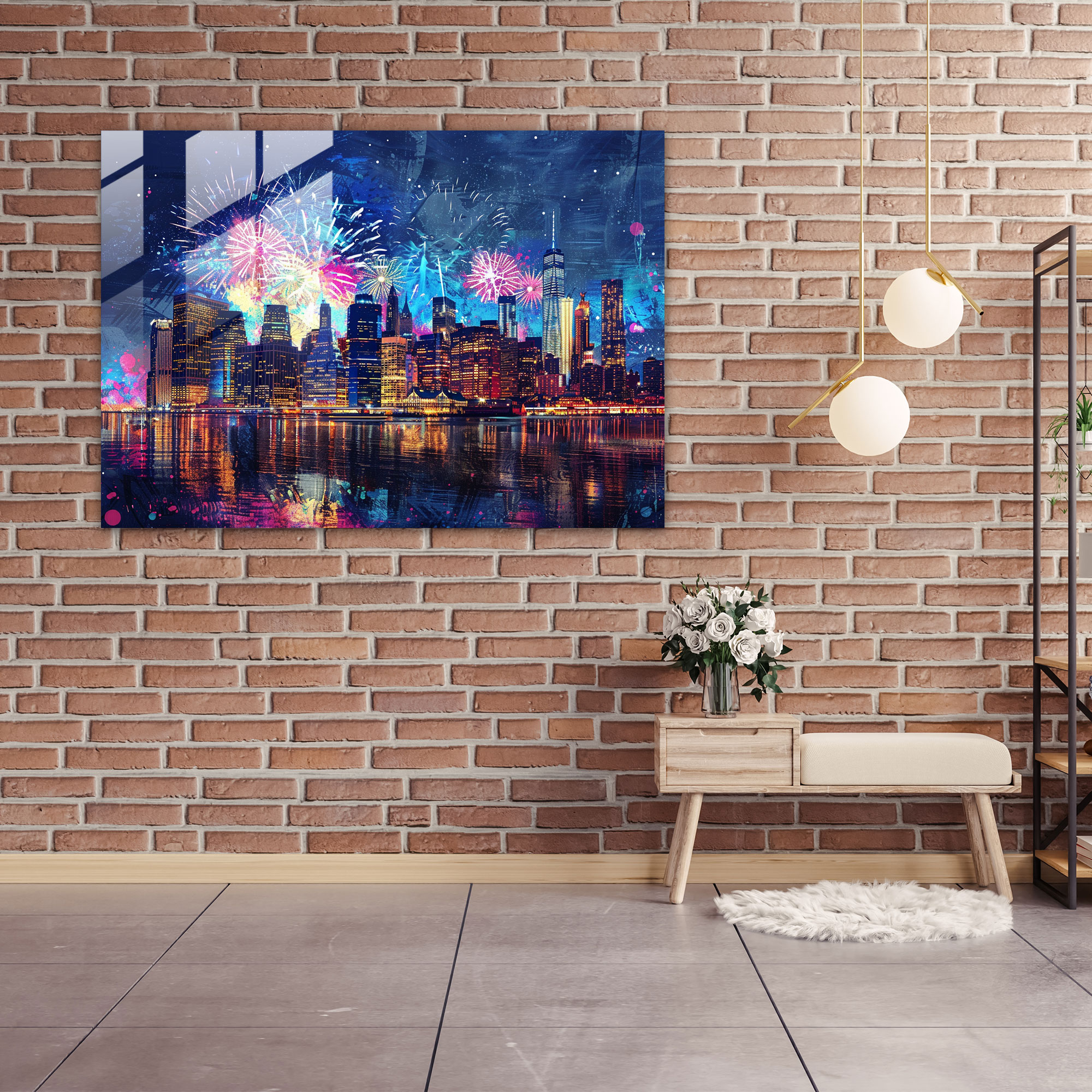 Pointillism Glass Wall Art: City Skyline At Night - Pointillism, Glass Art, Pointillism, Wall Decoration