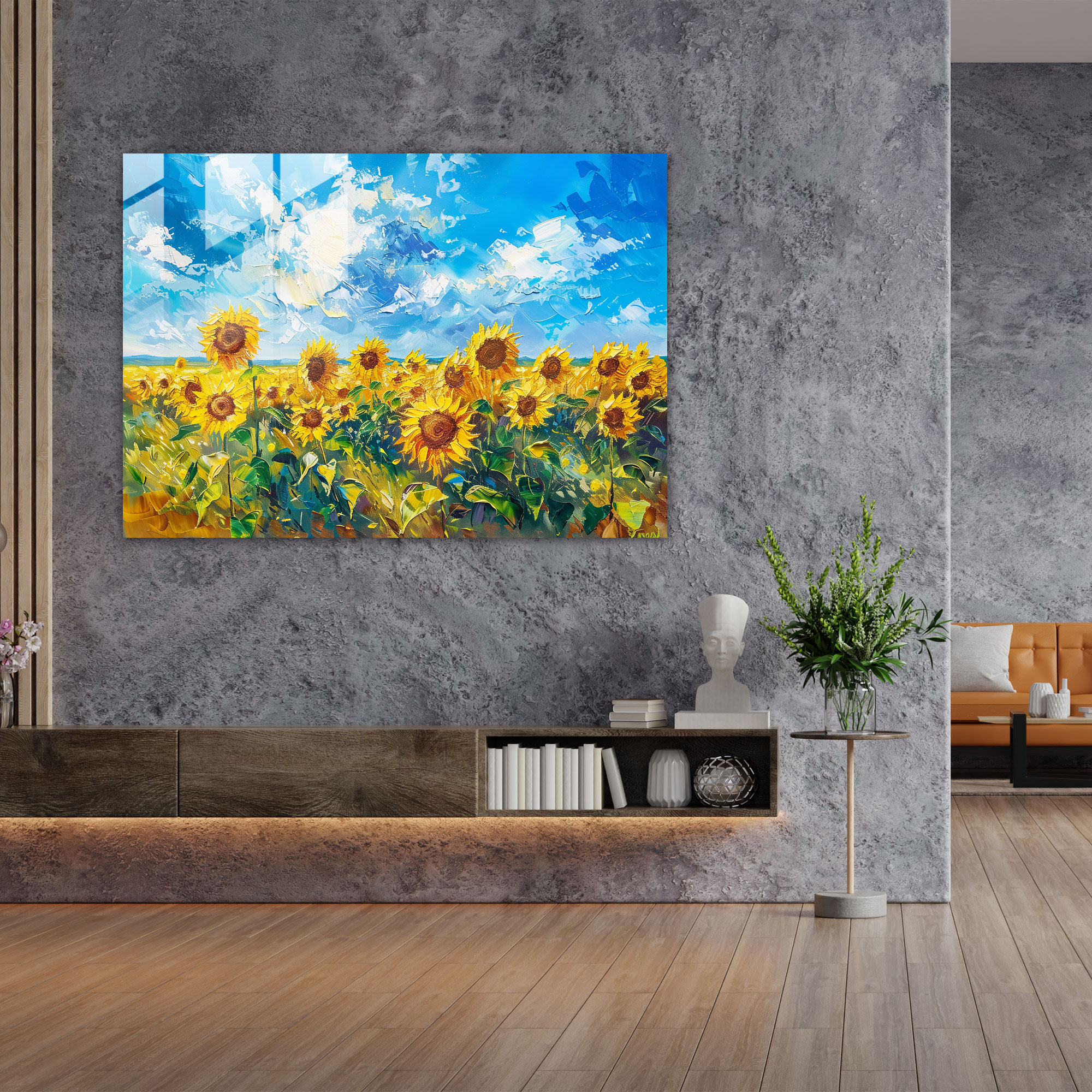 Pointillism Wall Decoration: Sunflower Field - Pointillism, Glass Art, Glass Print, Modern Art