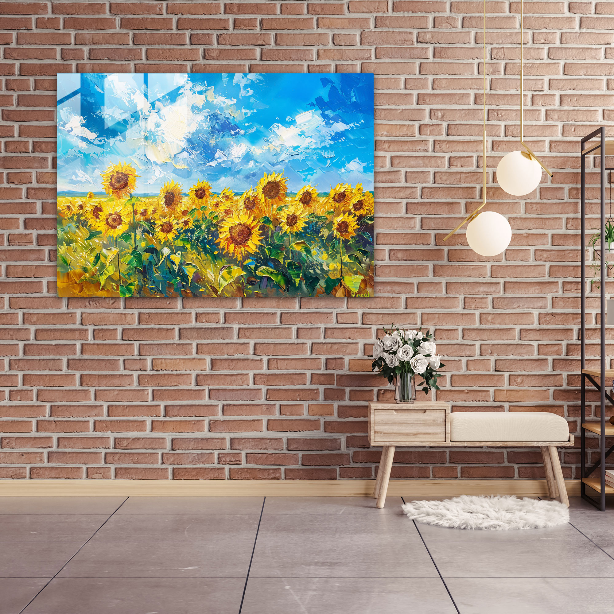 Pointillism Wall Decoration: Sunflower Field - Pointillism, Glass Art, Glass Print, Modern Art