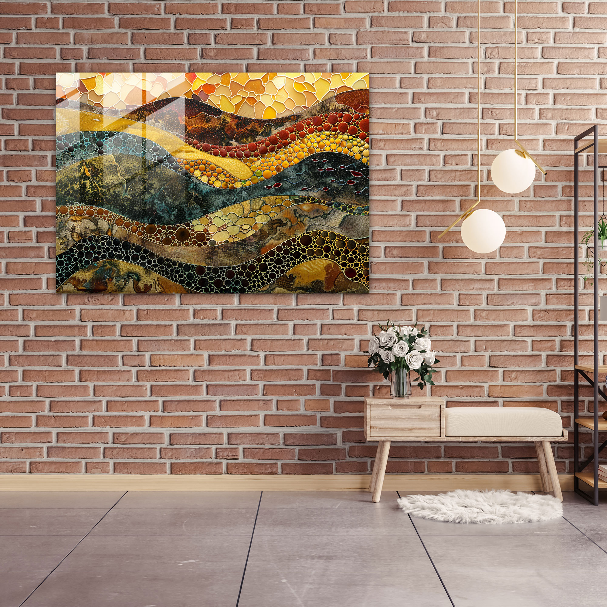 Pointillism Glass Art: Earth Tones Abstract Patterns - Pointillism, Modern Art, Home Decoration, Glass Print