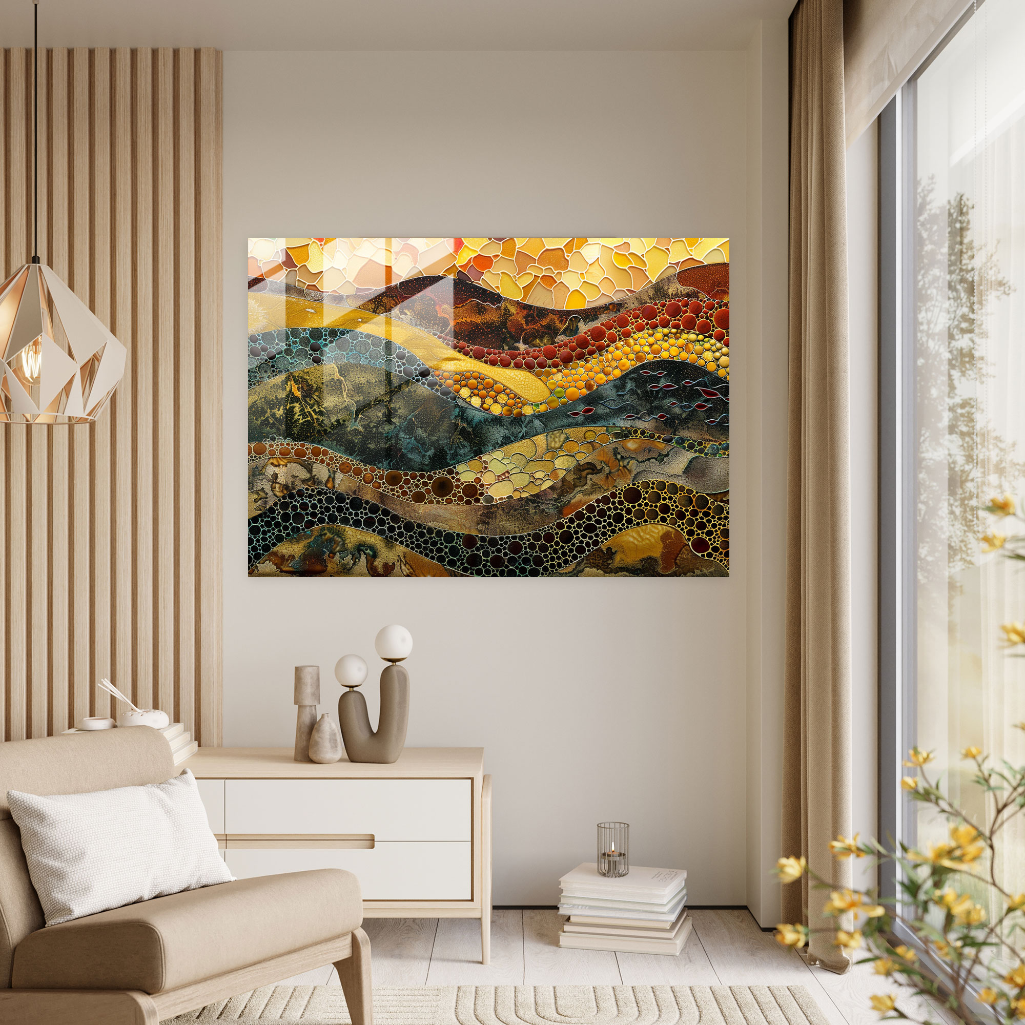 Pointillism Glass Art: Earth Tones Abstract Patterns - Pointillism, Modern Art, Home Decoration, Glass Print