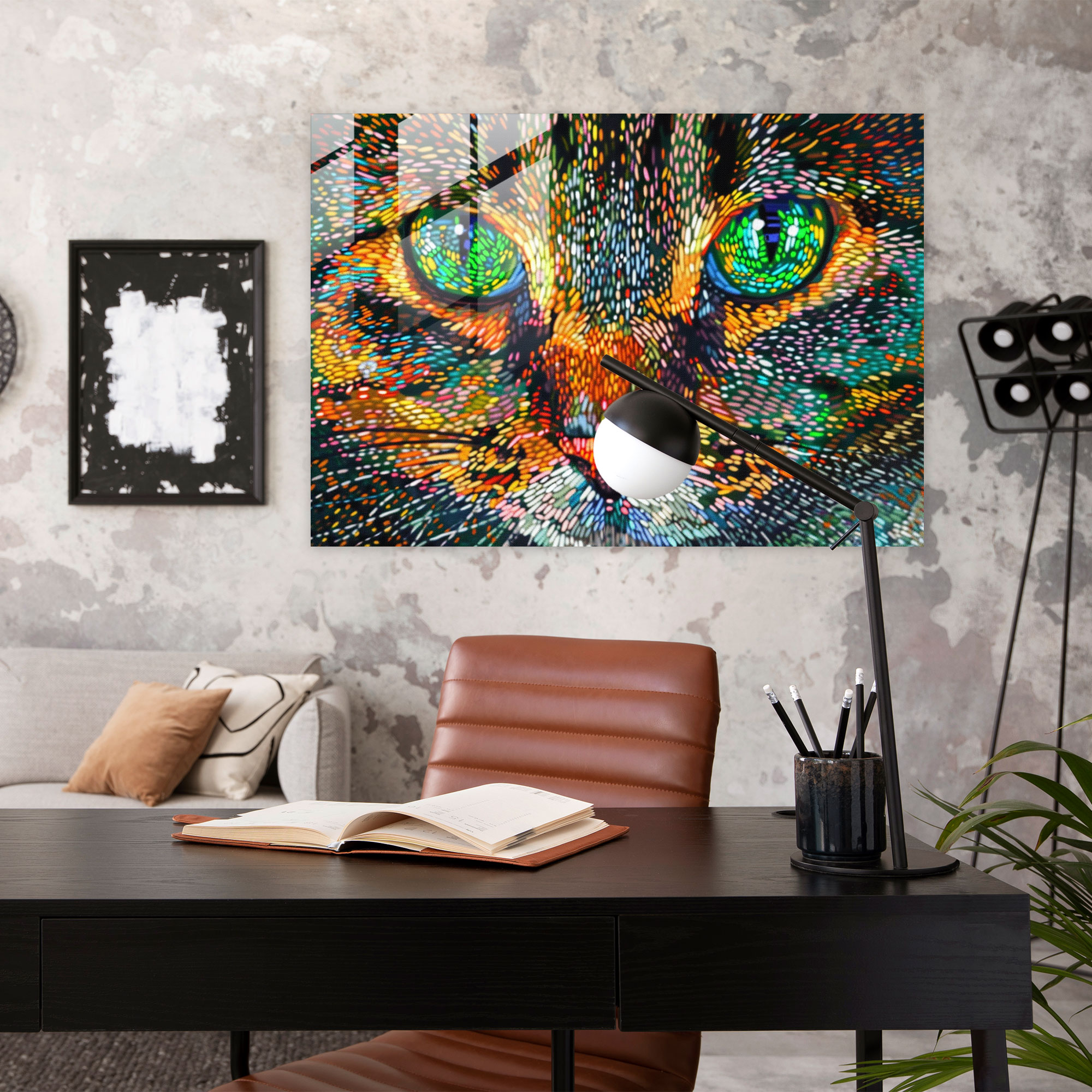 Pointillism Modern Art: Cat Portrait - Pointillism, Modern Art, Glass Art, Glass Wall Art
