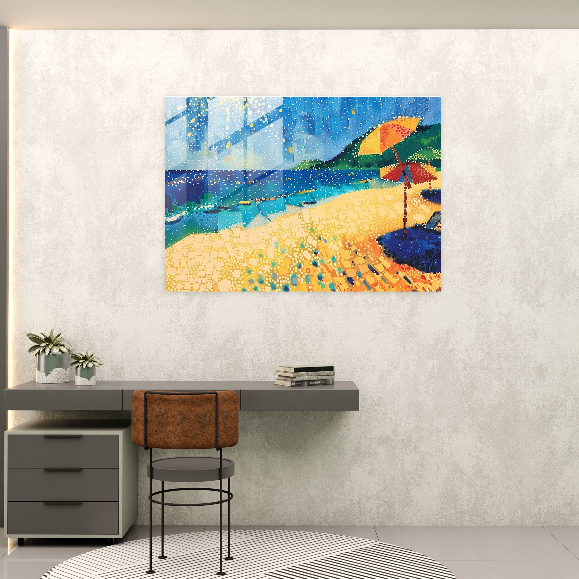 Pointillism Glass Print - Sunny Beach Scene - Pointillism, Glass Print, Glass Wall Art, Glass Art