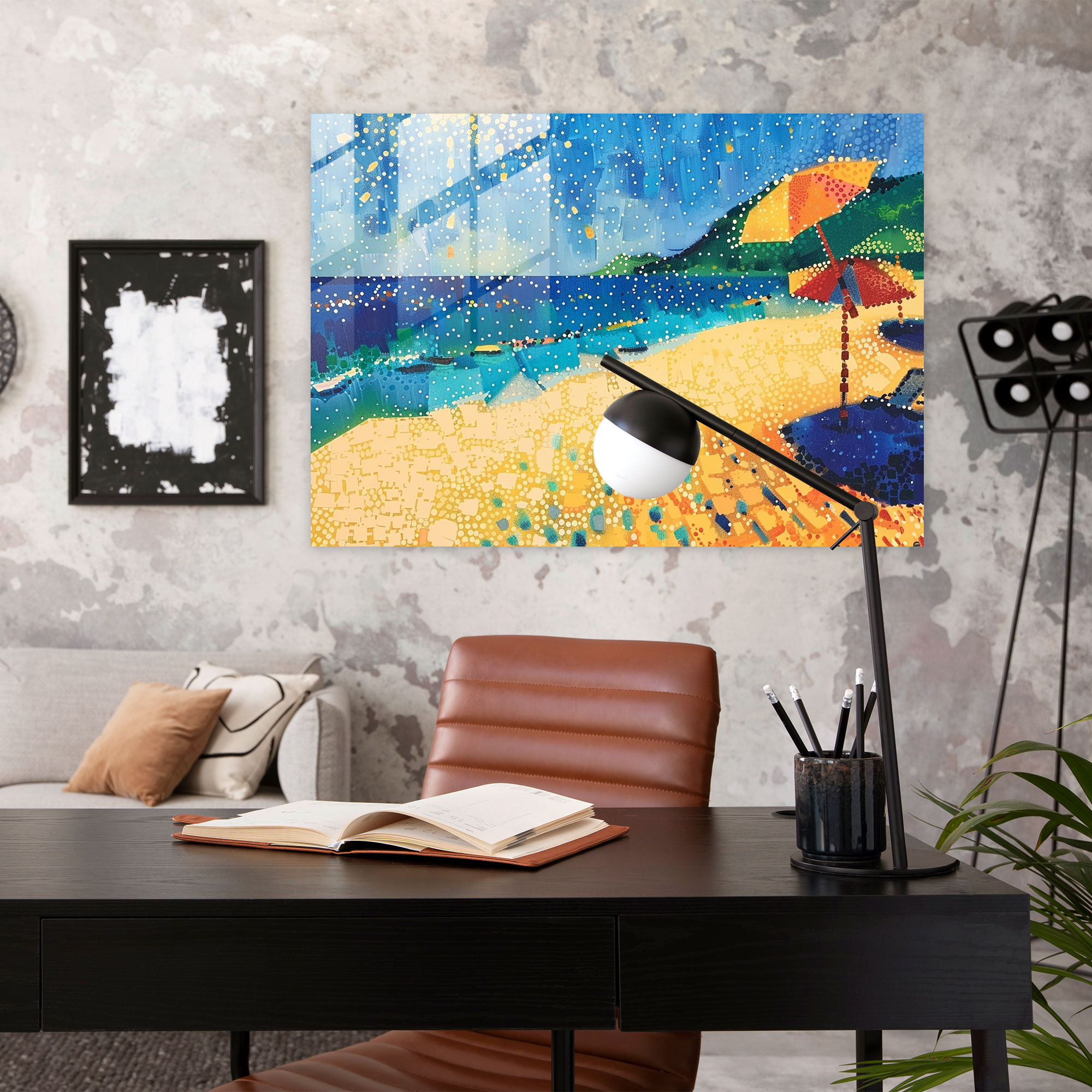 Pointillism Glass Print - Sunny Beach Scene - Pointillism, Glass Print, Glass Wall Art, Glass Art
