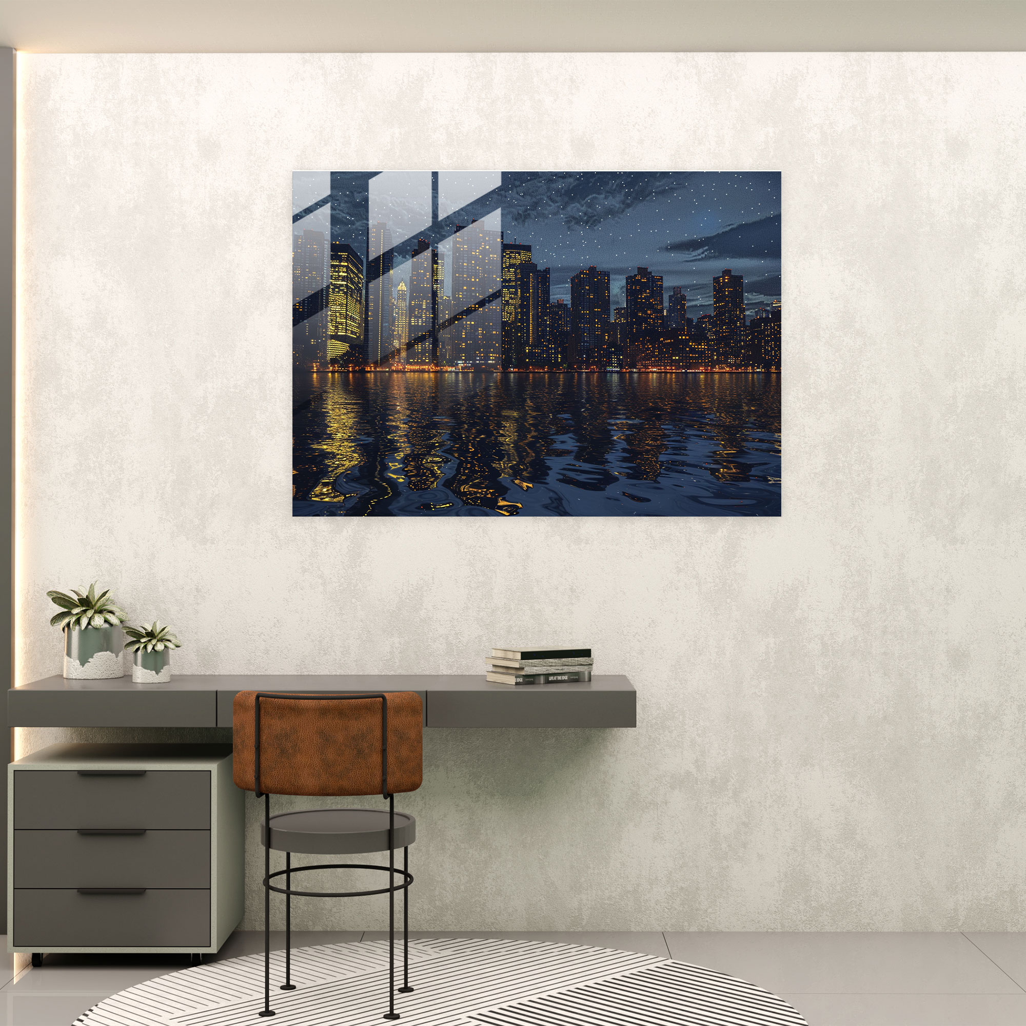 Pointillism Home Decoration - City Skyline At Night - Pointillism, Glass Art, Home Decoration, Wall Decoration