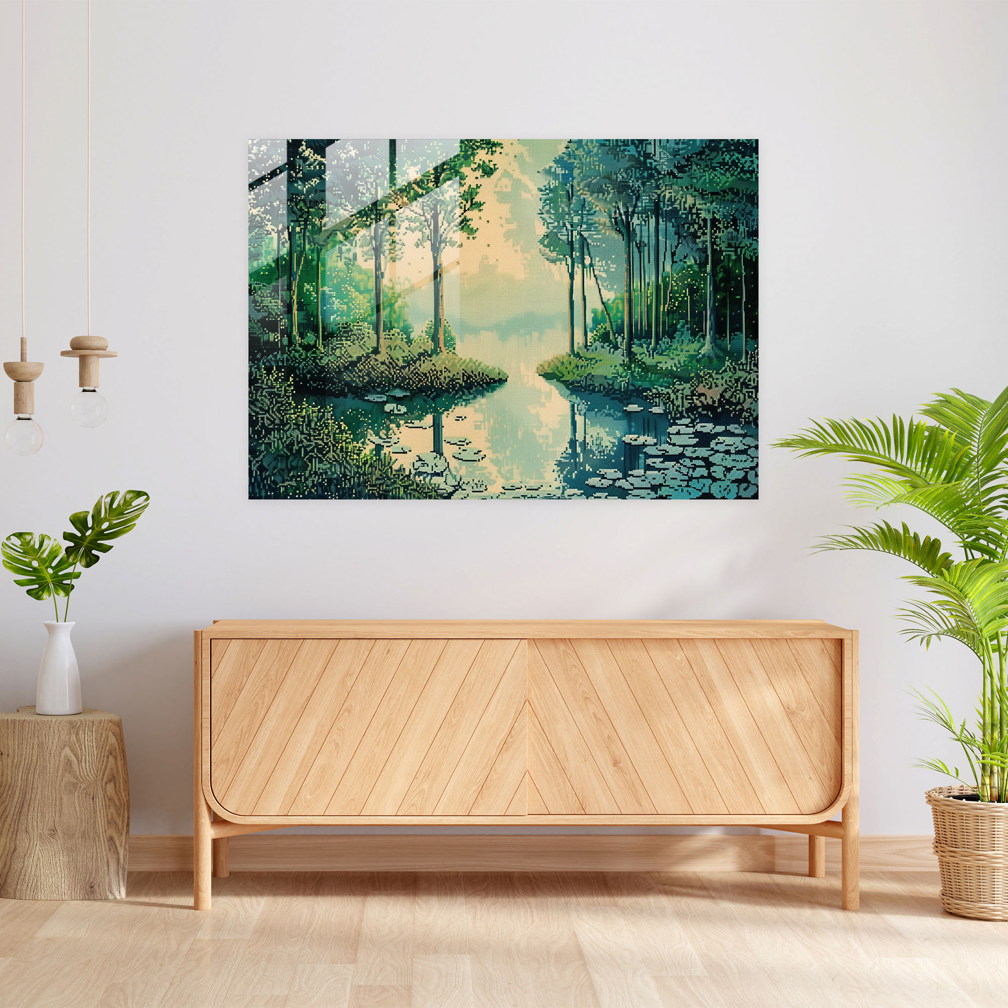 Pointillism Glass Art - Tranquil Forest Landscape - Pointillism, Glass Wall Art, Modern Art, Wall Decoration