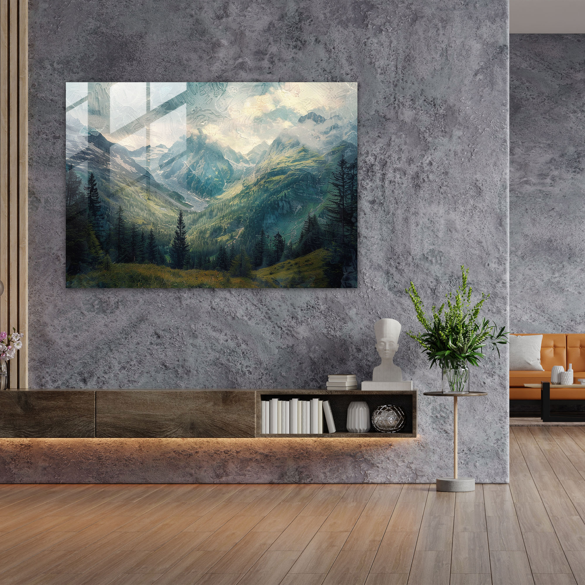 Pointillism Glass Print - Majestic Mountain Landscape - Pointillism, Glass Print, Glass Art, Modern Art