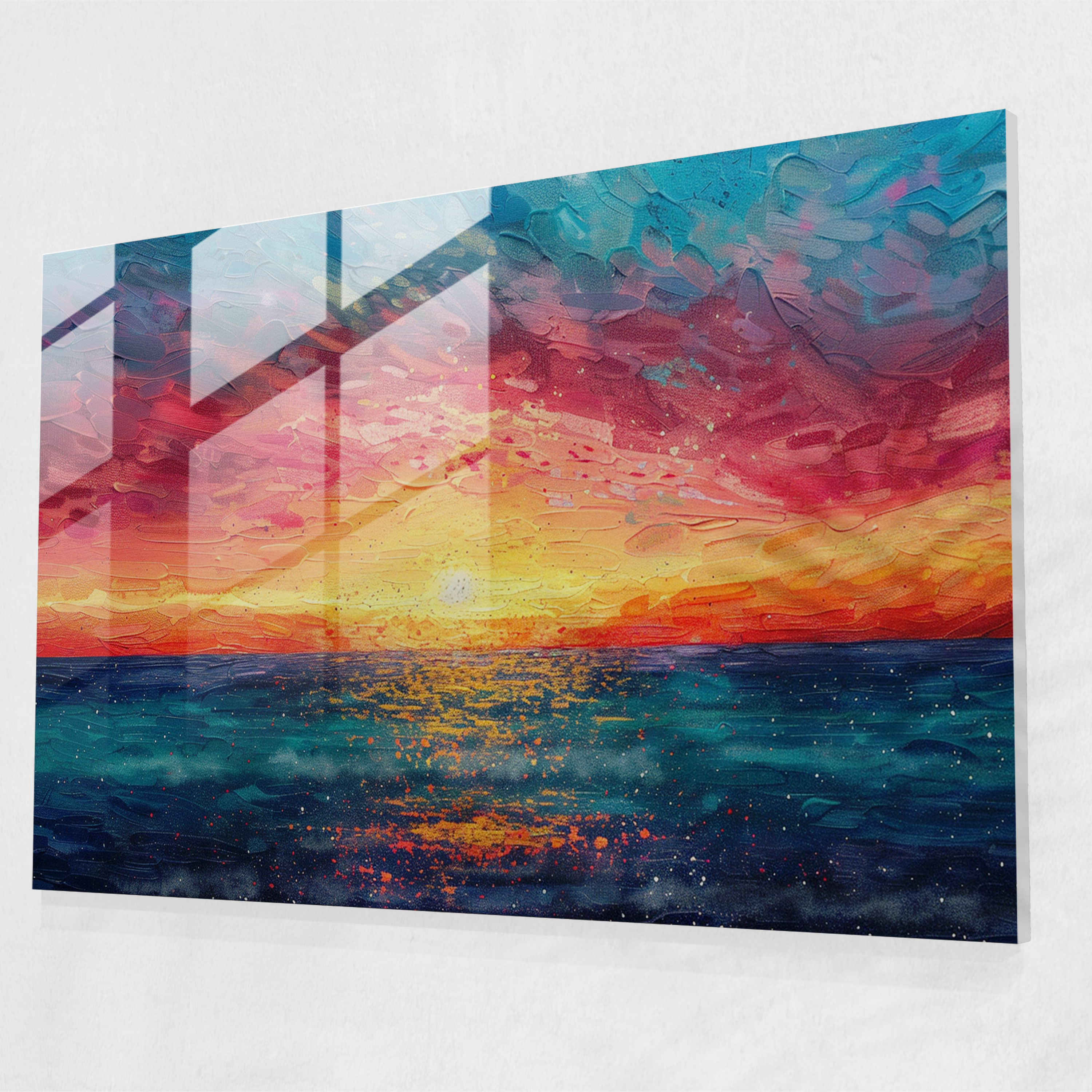 Pointillism Home Decoration - Vibrant Sunset Over The Horizon - Pointillism, Wall Decoration, Glass Print, Modern Art