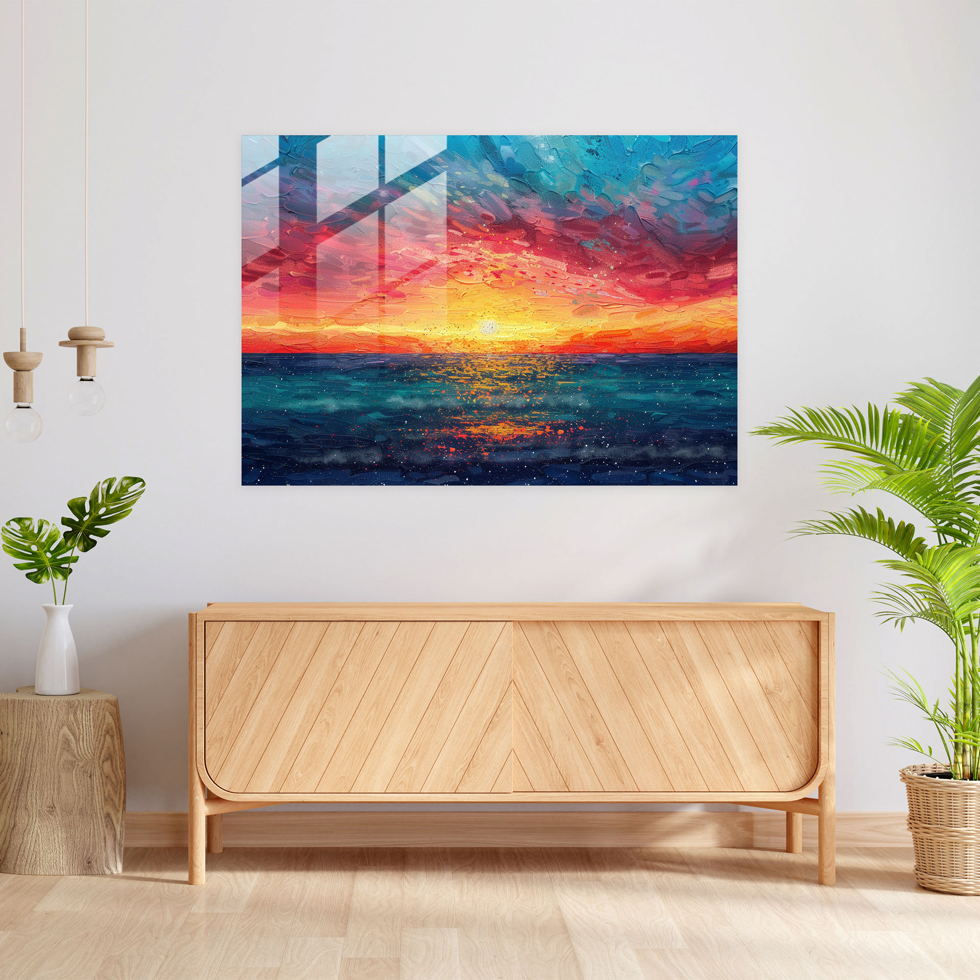 Pointillism Home Decoration - Vibrant Sunset Over The Horizon - Pointillism, Wall Decoration, Glass Print, Modern Art