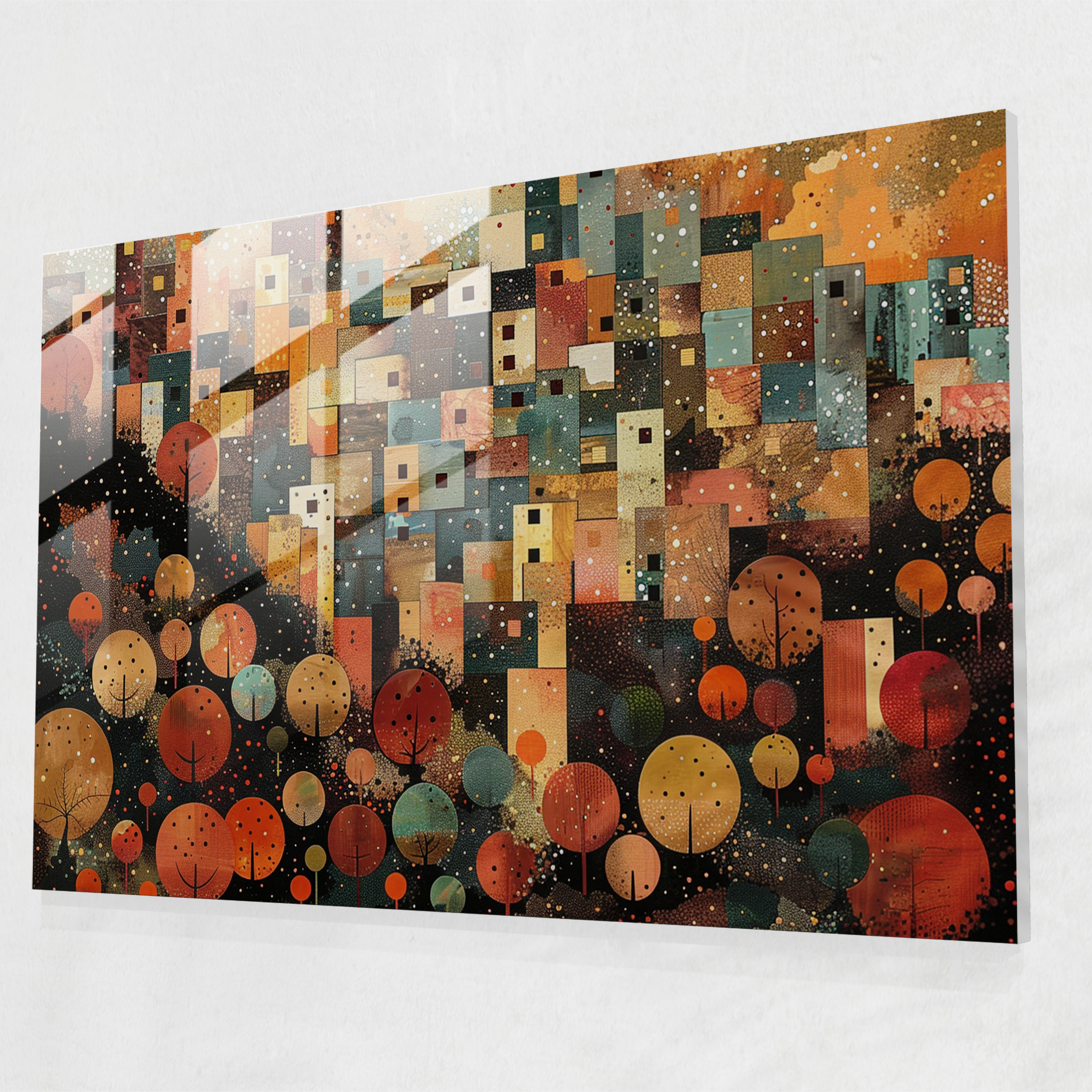 Pointillism Wall Decoration - Abstract Cityscape In Warm Tones - Pointillism, Glass Art, Glass Print, Pointillism