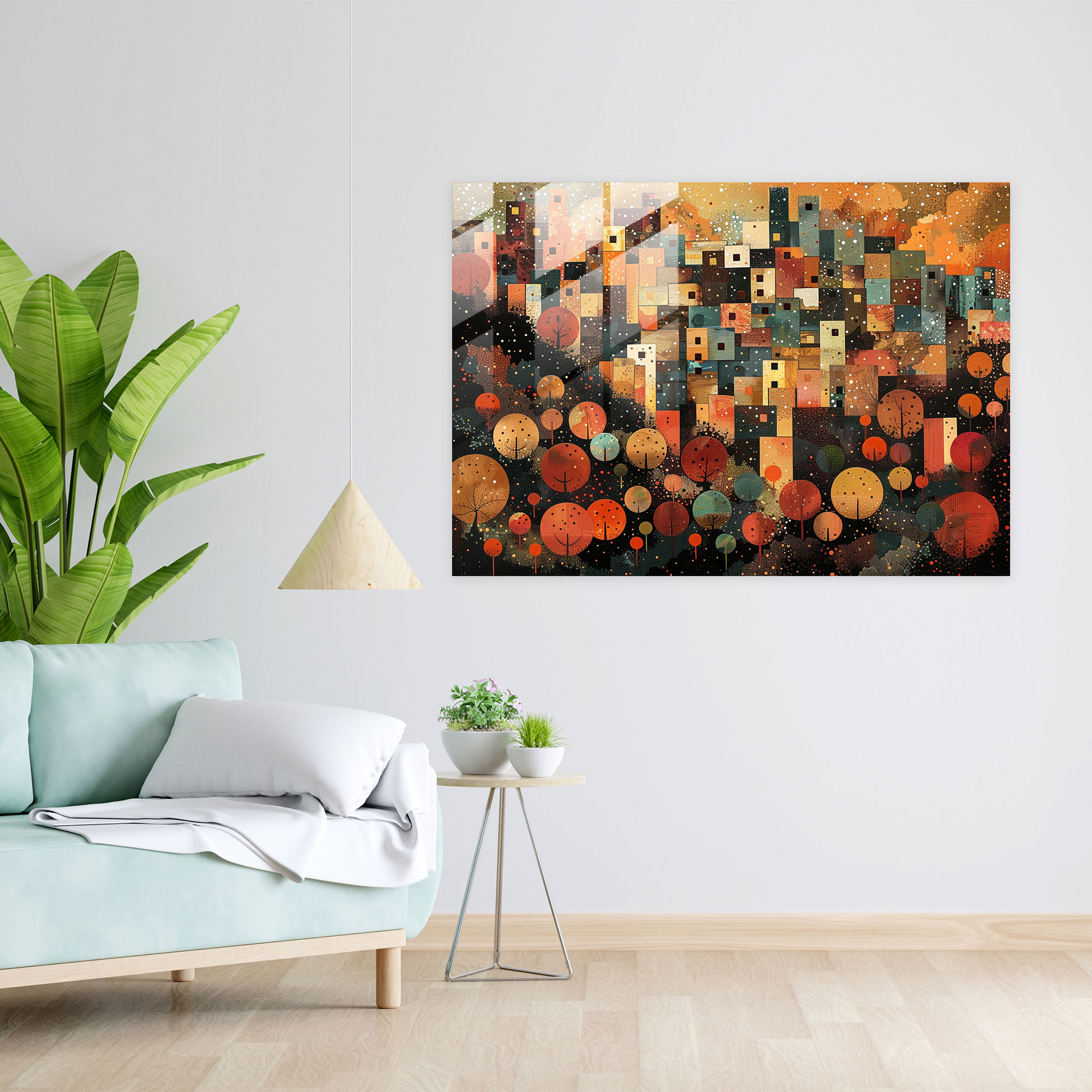 Pointillism Wall Decoration - Abstract Cityscape In Warm Tones - Pointillism, Glass Art, Glass Print, Pointillism