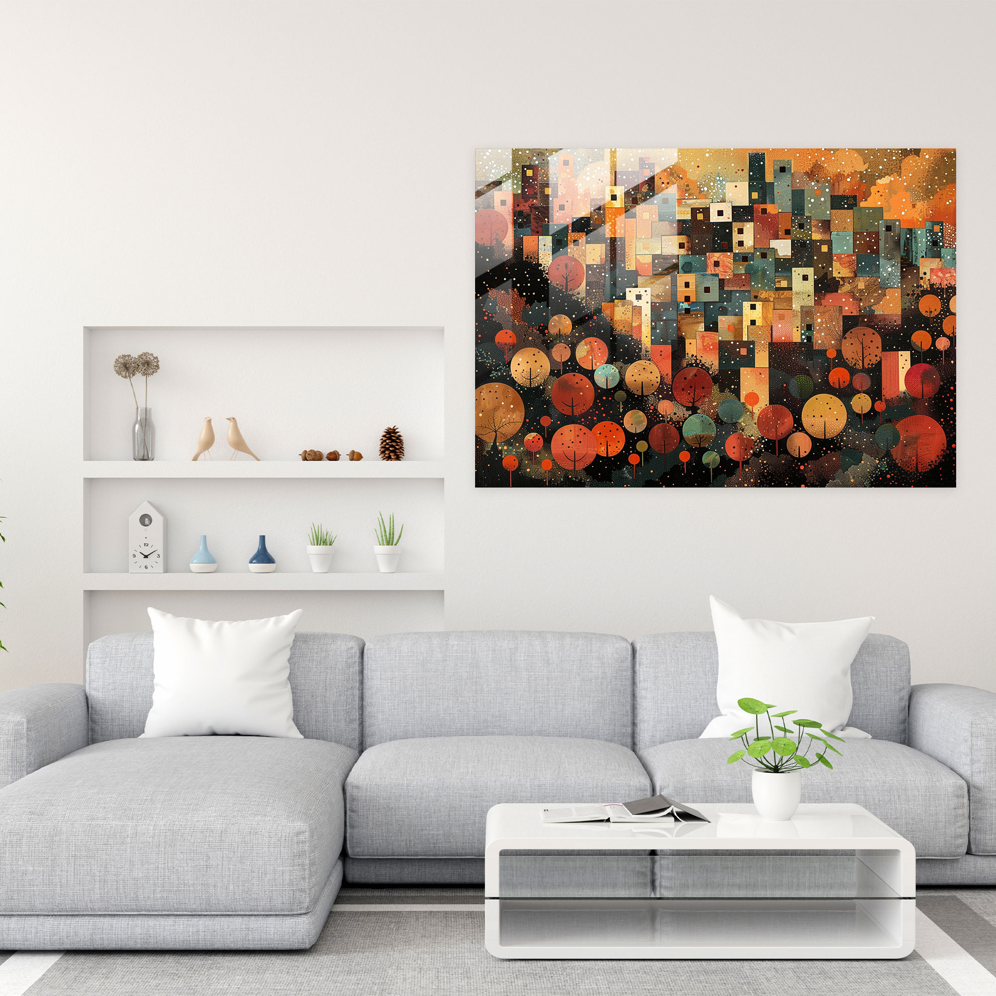 Pointillism Wall Decoration - Abstract Cityscape In Warm Tones - Pointillism, Glass Art, Glass Print, Pointillism