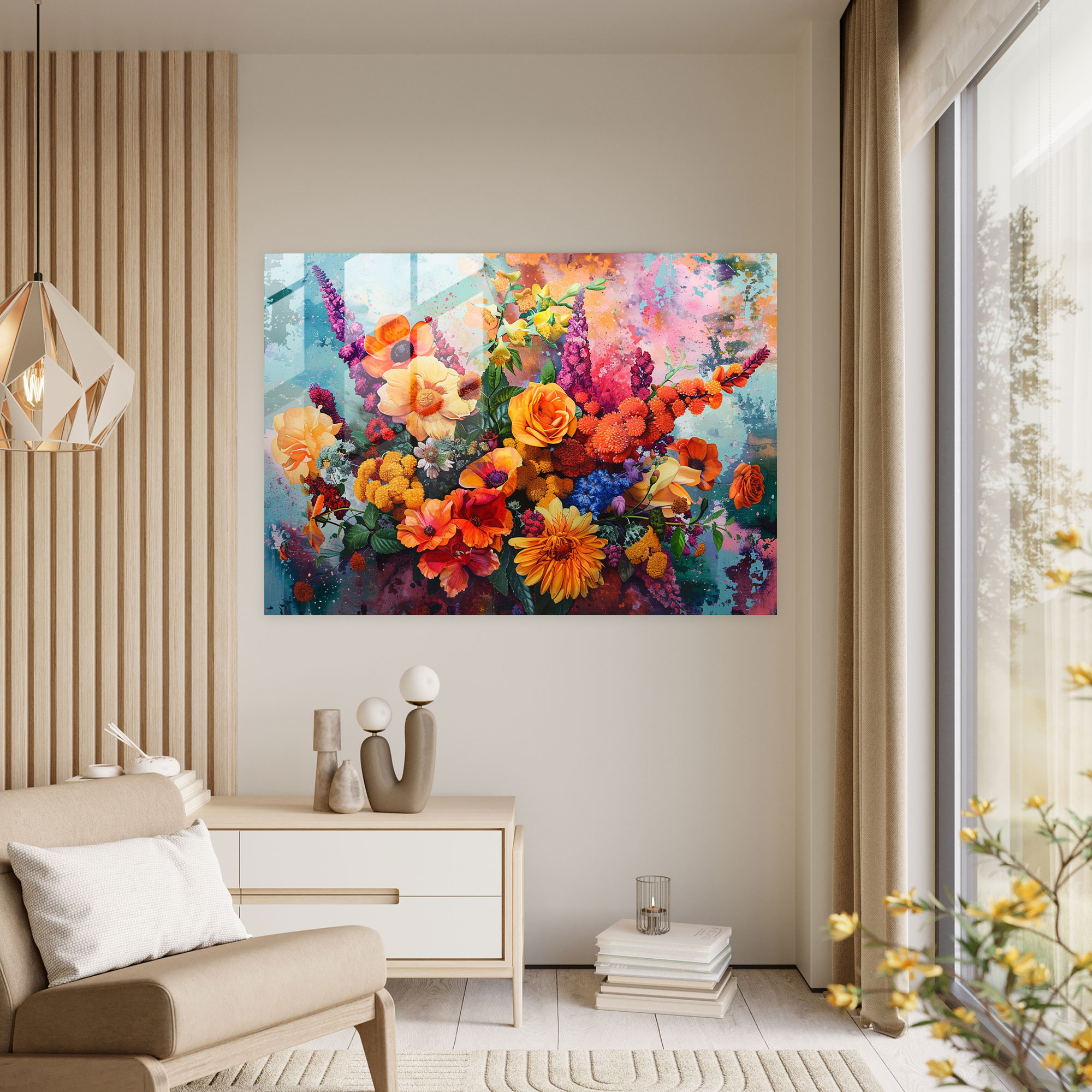 Pointillism Glass Wall Art: Vibrant Floral Arrangement - Pointillism, Glass Art, Glass Print, Pointillism