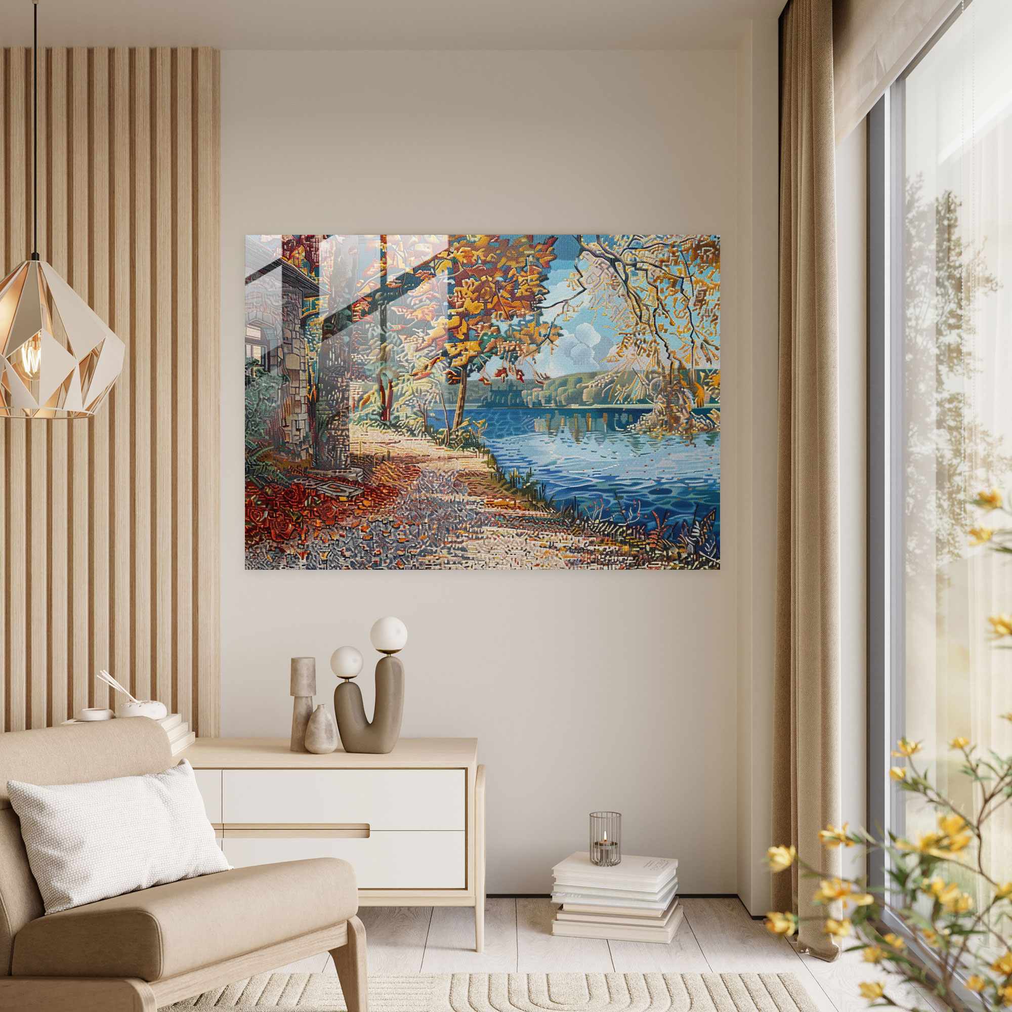 Pointillism Glass Print: Serene Lakeside Landscape - Pointillism, Glass Art, Landscape, Wall Decoration
