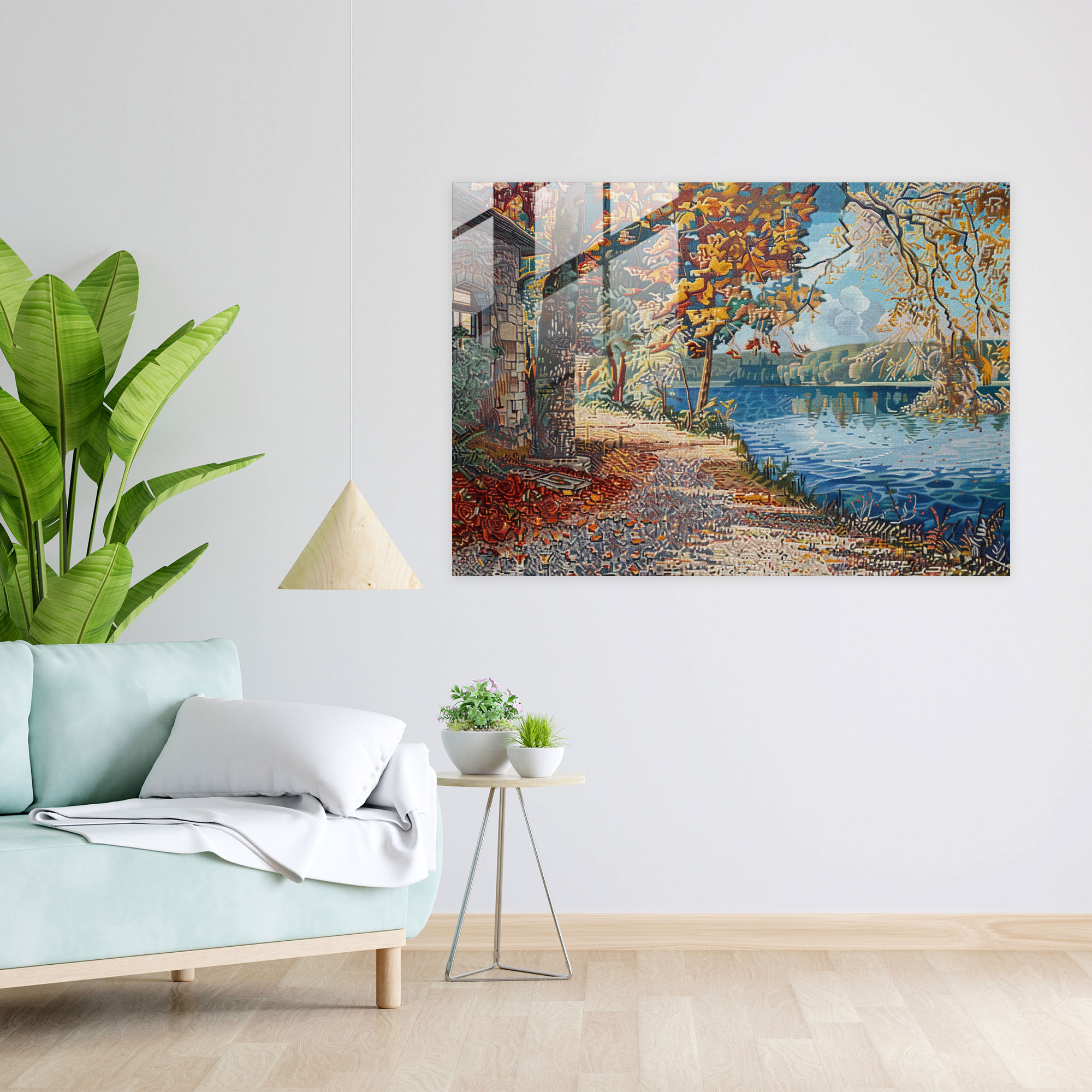 Pointillism Glass Print: Serene Lakeside Landscape - Pointillism, Glass Art, Landscape, Wall Decoration
