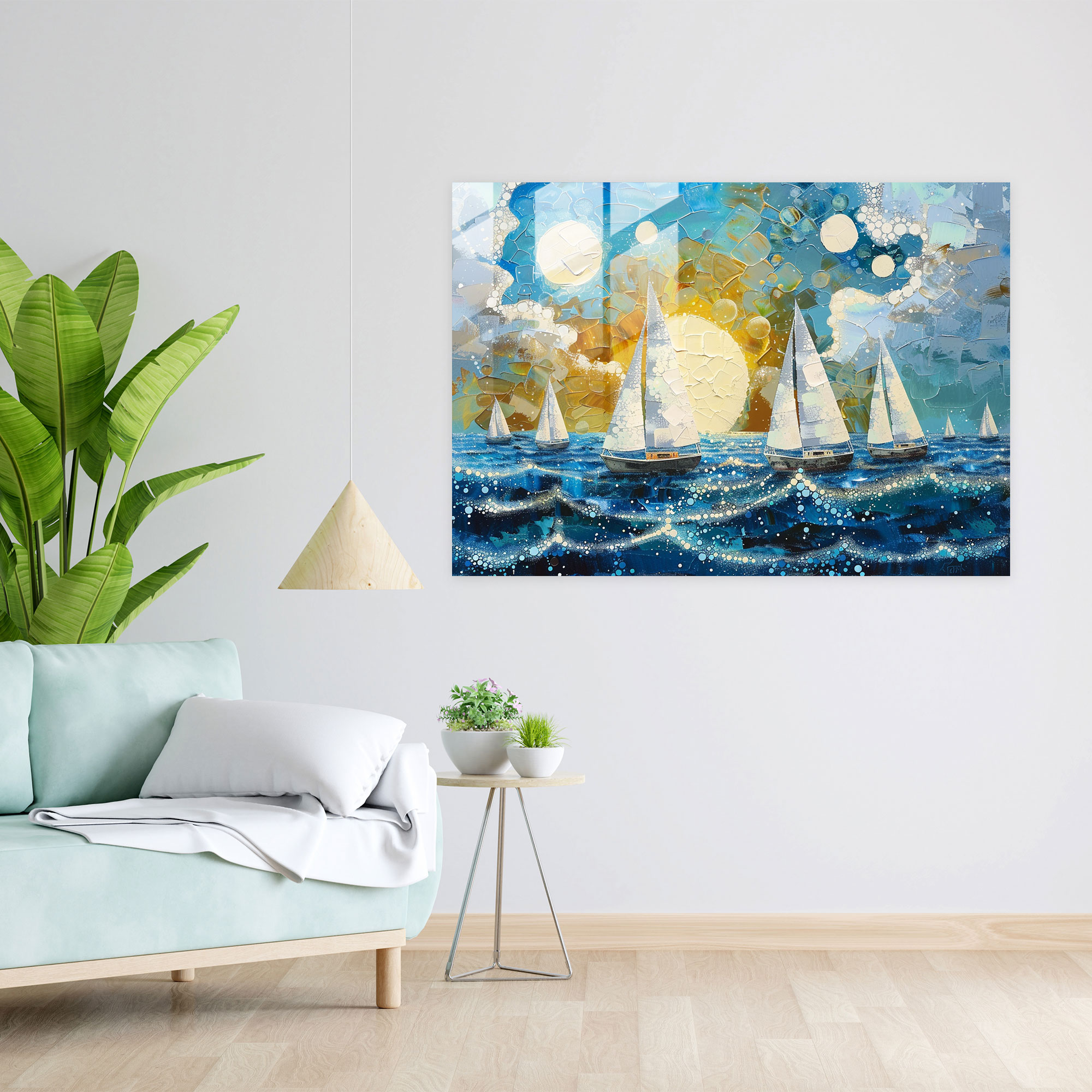 Pointillism Home Decoration: Whimsical Seascape With Sailboats - Pointillism, Seascape, Whimsical, Pointillism