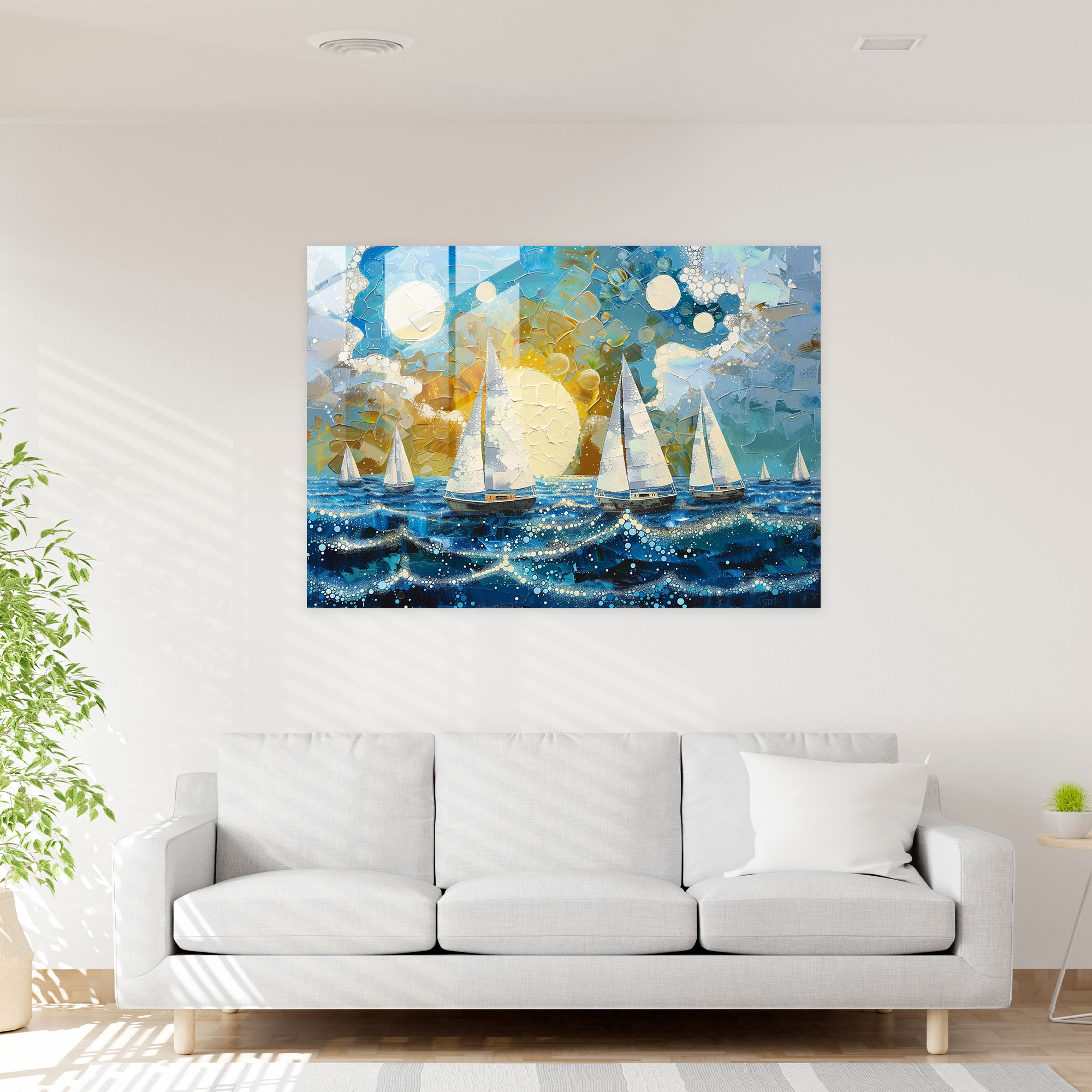 Pointillism Home Decoration: Whimsical Seascape With Sailboats - Pointillism, Seascape, Whimsical, Pointillism