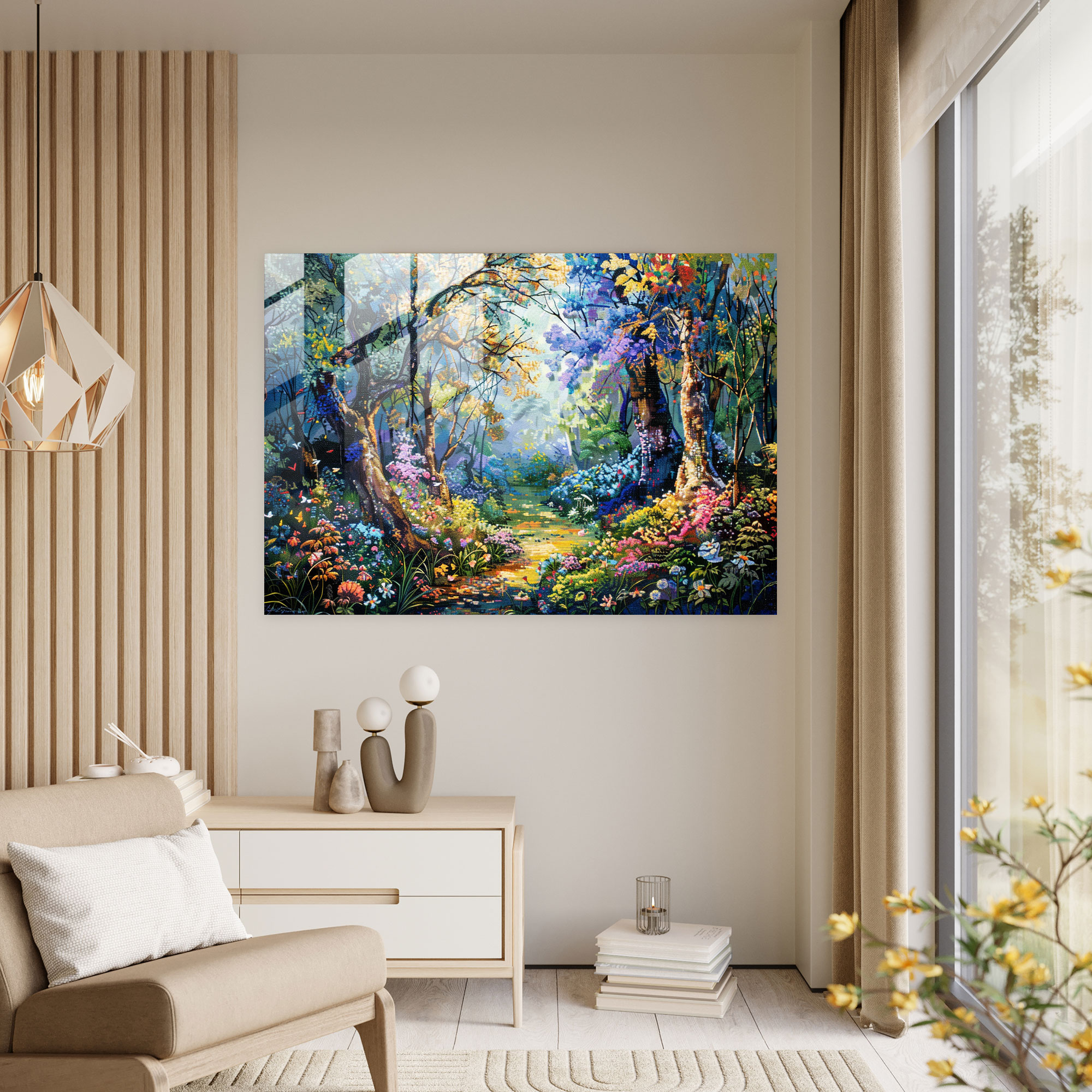 Pointillism Modern Art: Enchanting Forest Scene - Pointillism, Home Decoration, Captivating, Forest
