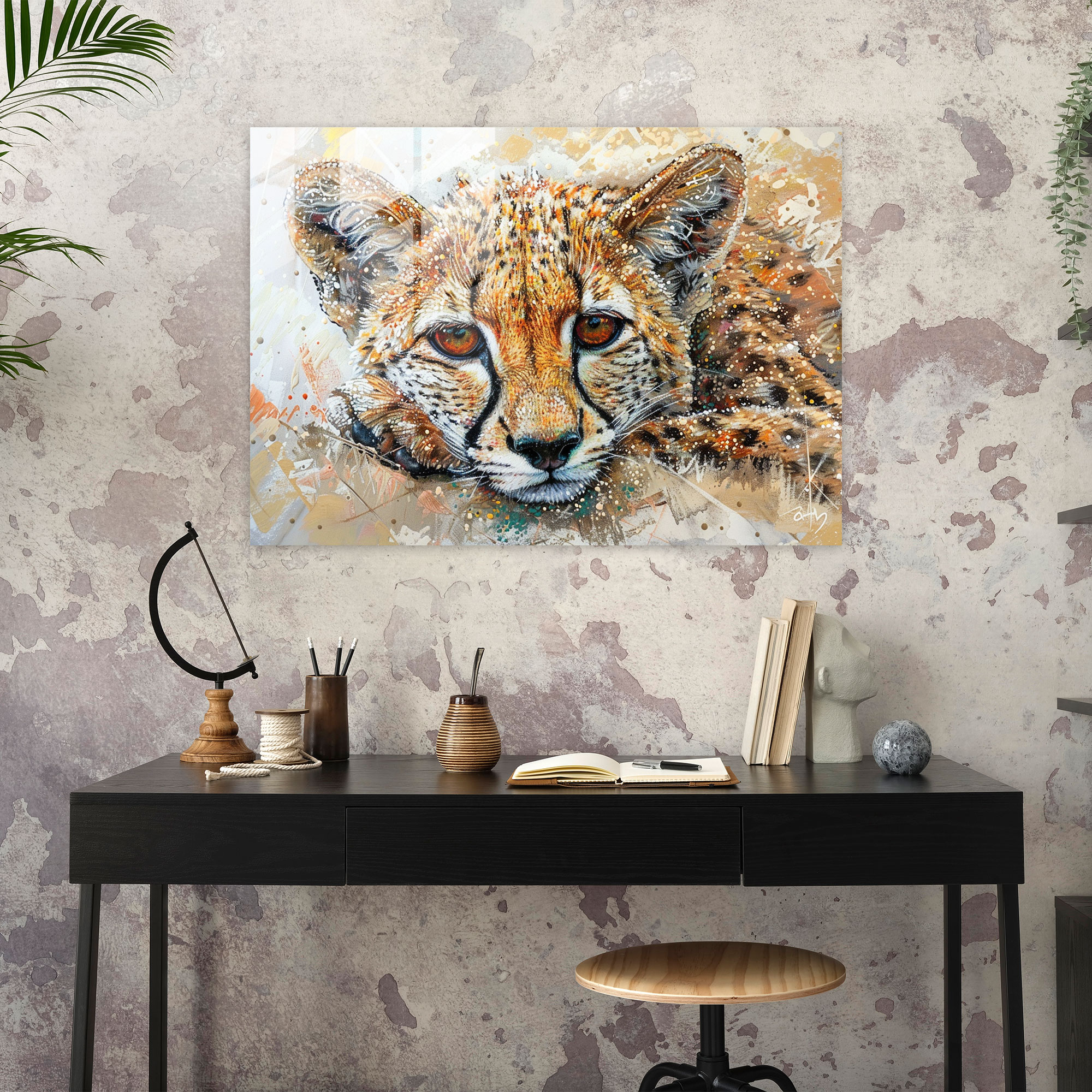 Pointillism Glass Wall Art: Playful Animal Portrait - Pointillism, Pointillism, Playful, Home Decoration