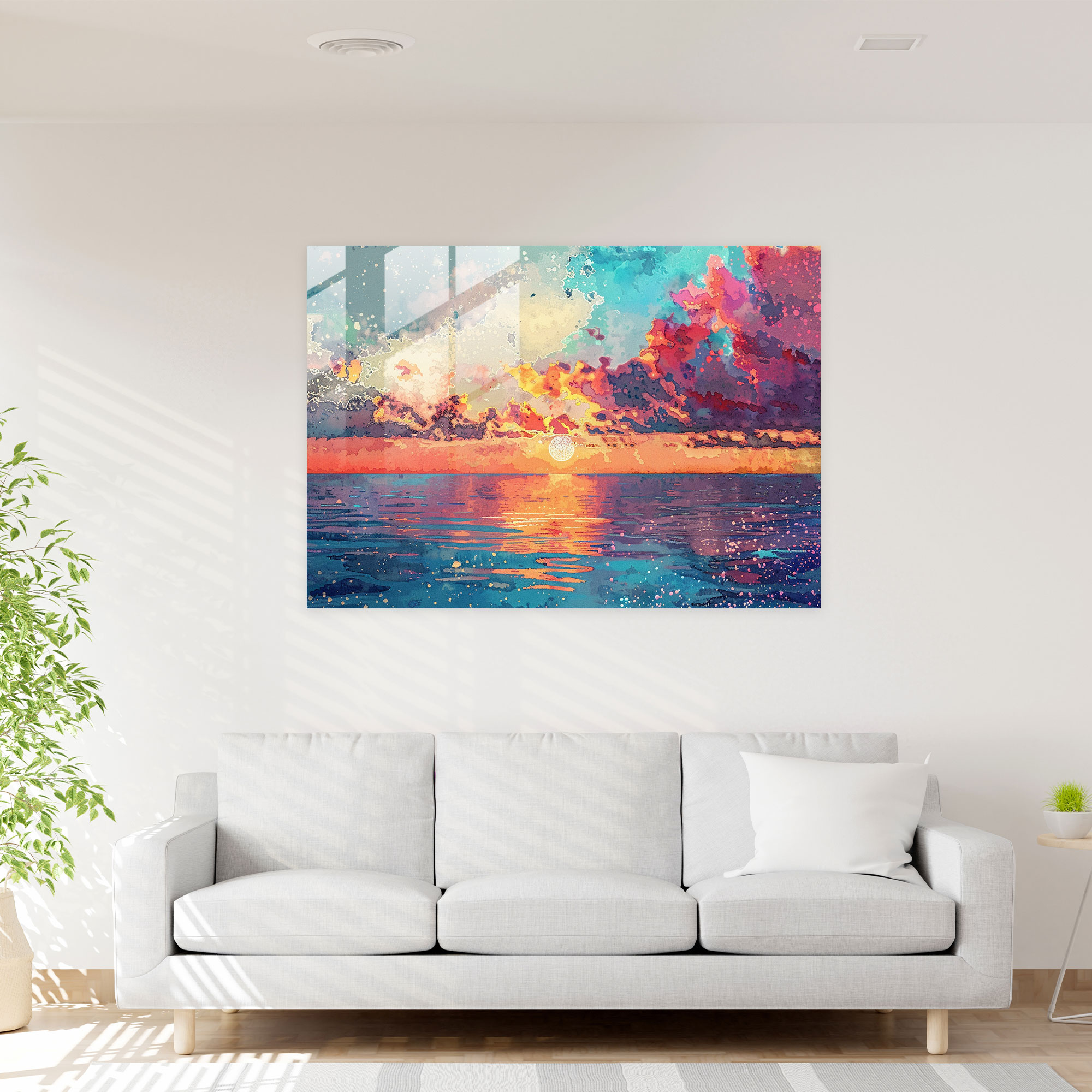 Pointillism Wall Decoration: Dreamy Sunset Over The Ocean - Pointillism, Home Decoration, Pointillism, Ocean