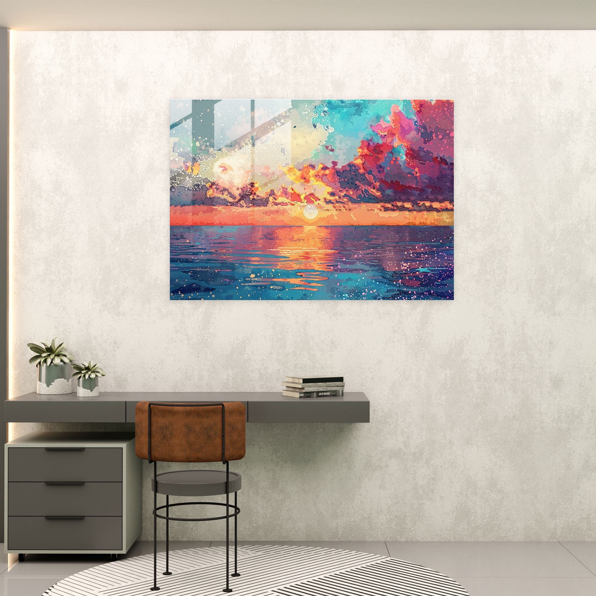 Pointillism Wall Decoration: Dreamy Sunset Over The Ocean - Pointillism, Home Decoration, Pointillism, Ocean