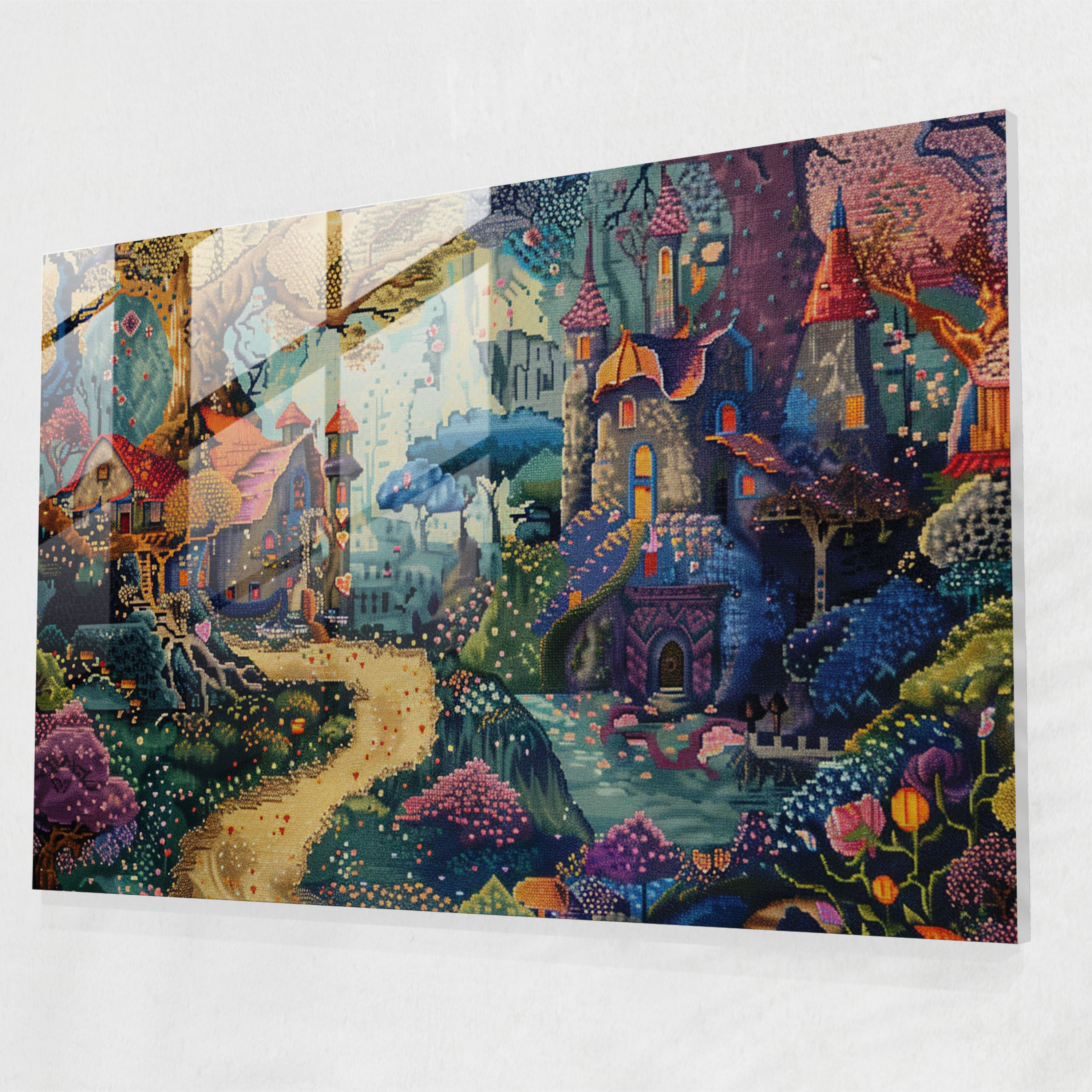 Pointillism Glass Print: Whimsical Fairytale Scene - Pointillism, Enchanting, Wall Decoration, Glass Wall Art