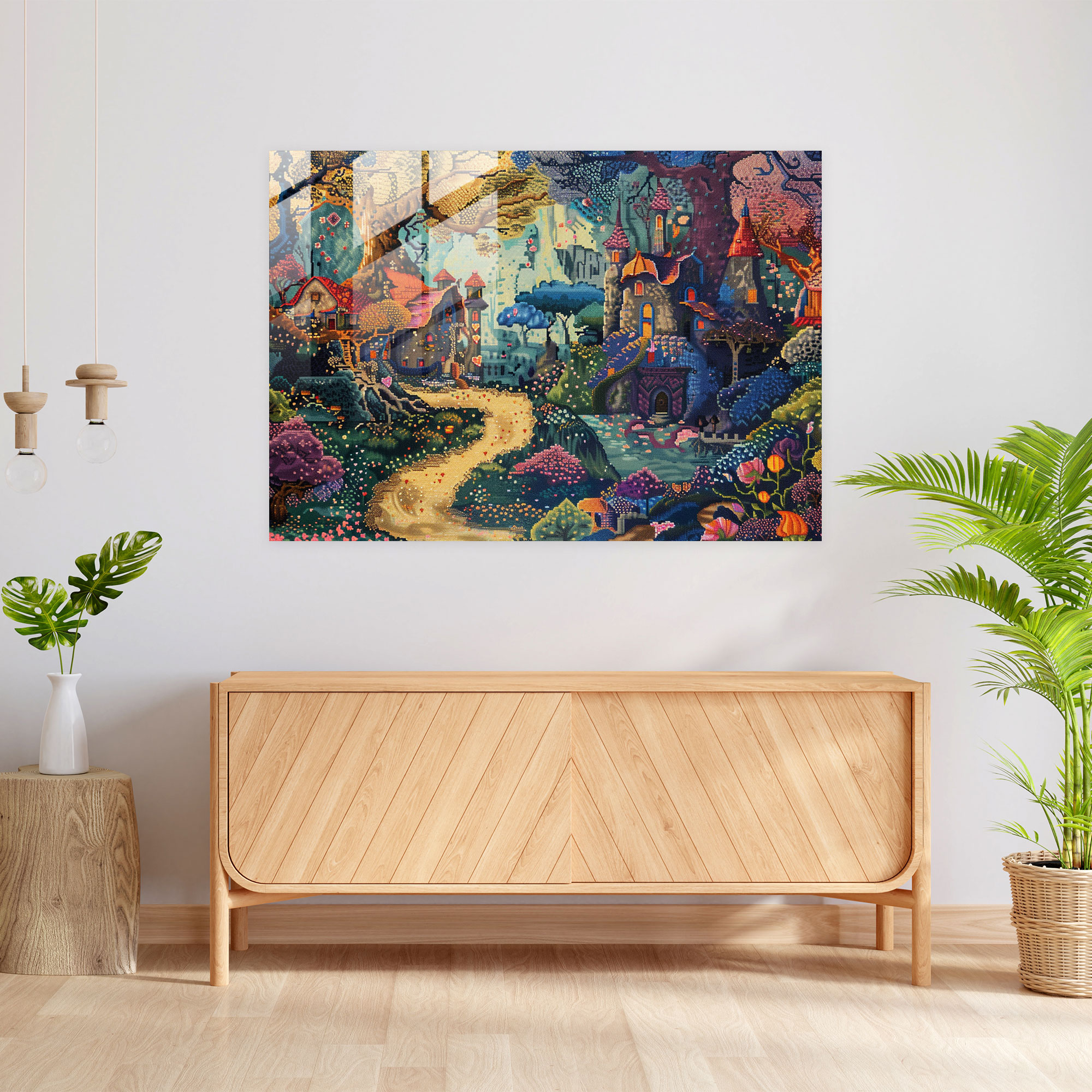 Pointillism Glass Print: Whimsical Fairytale Scene - Pointillism, Enchanting, Wall Decoration, Glass Wall Art