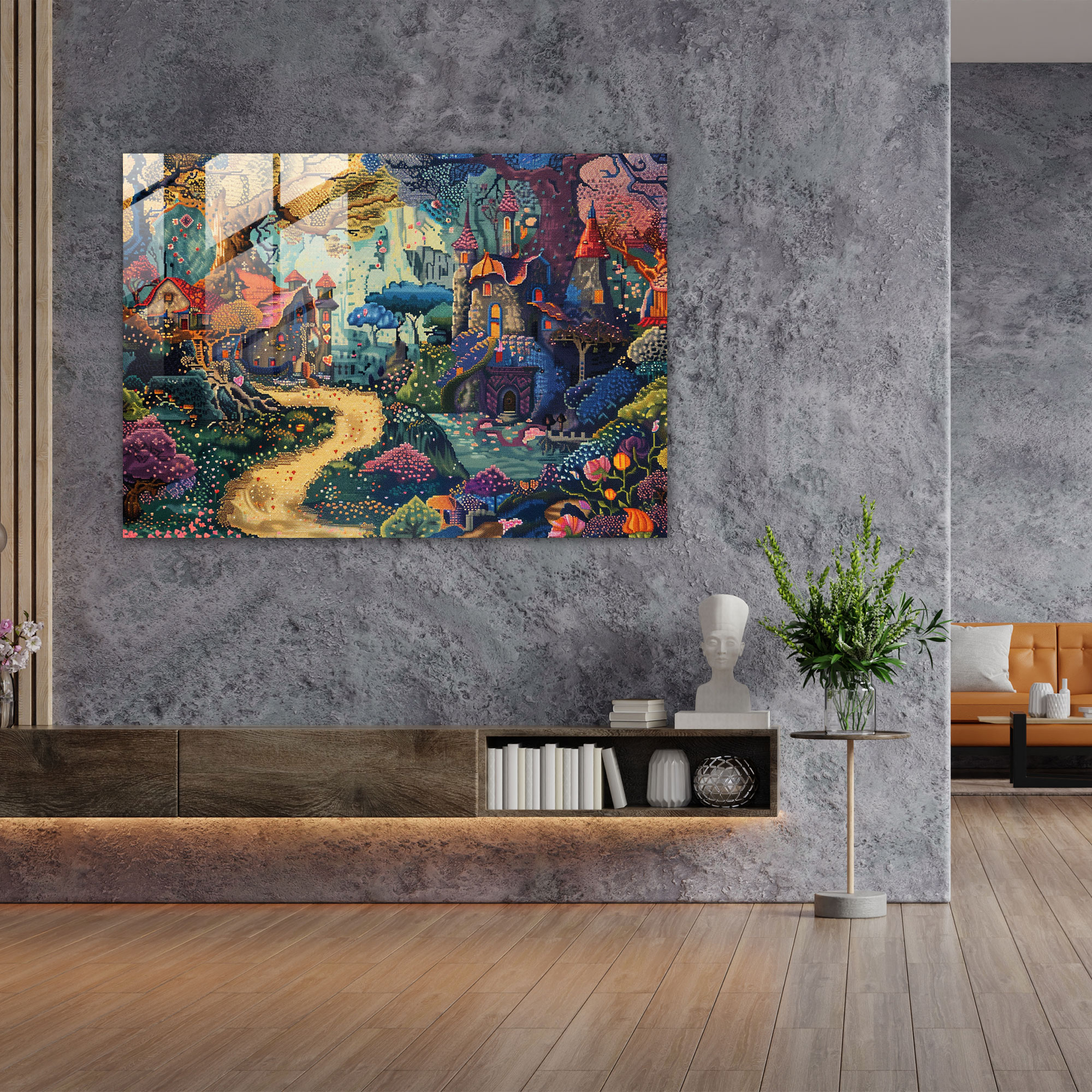 Pointillism Glass Print: Whimsical Fairytale Scene - Pointillism, Enchanting, Wall Decoration, Glass Wall Art