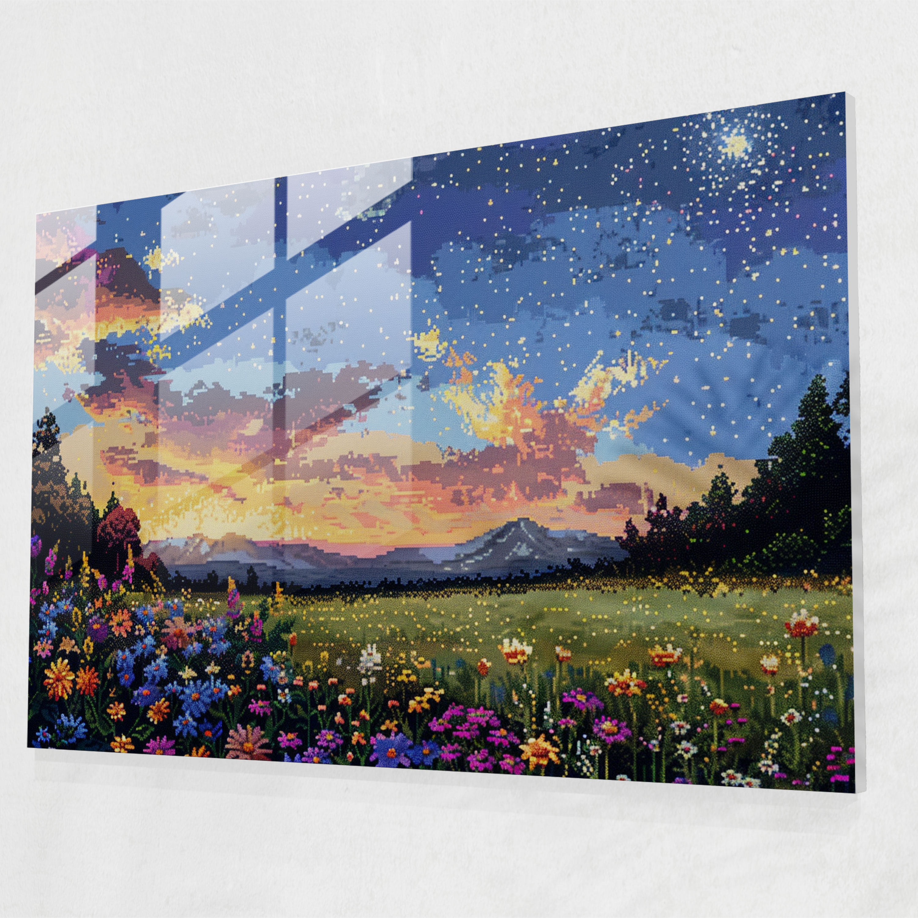 Pointillism Wall Decoration - Starry Night Field - Pointillism, Glass Print, Pointillism, Landscape