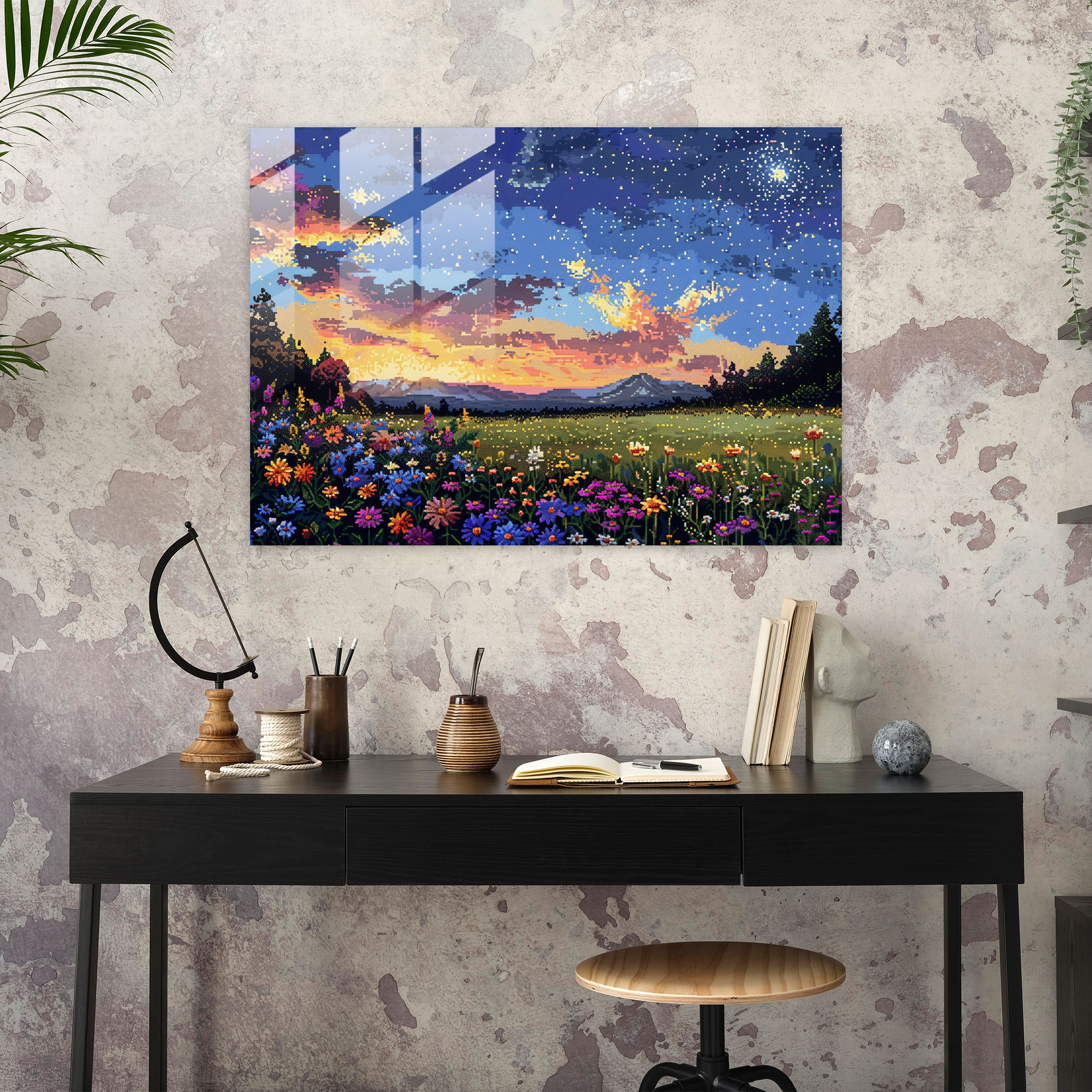 Pointillism Wall Decoration - Starry Night Field - Pointillism, Glass Print, Pointillism, Landscape