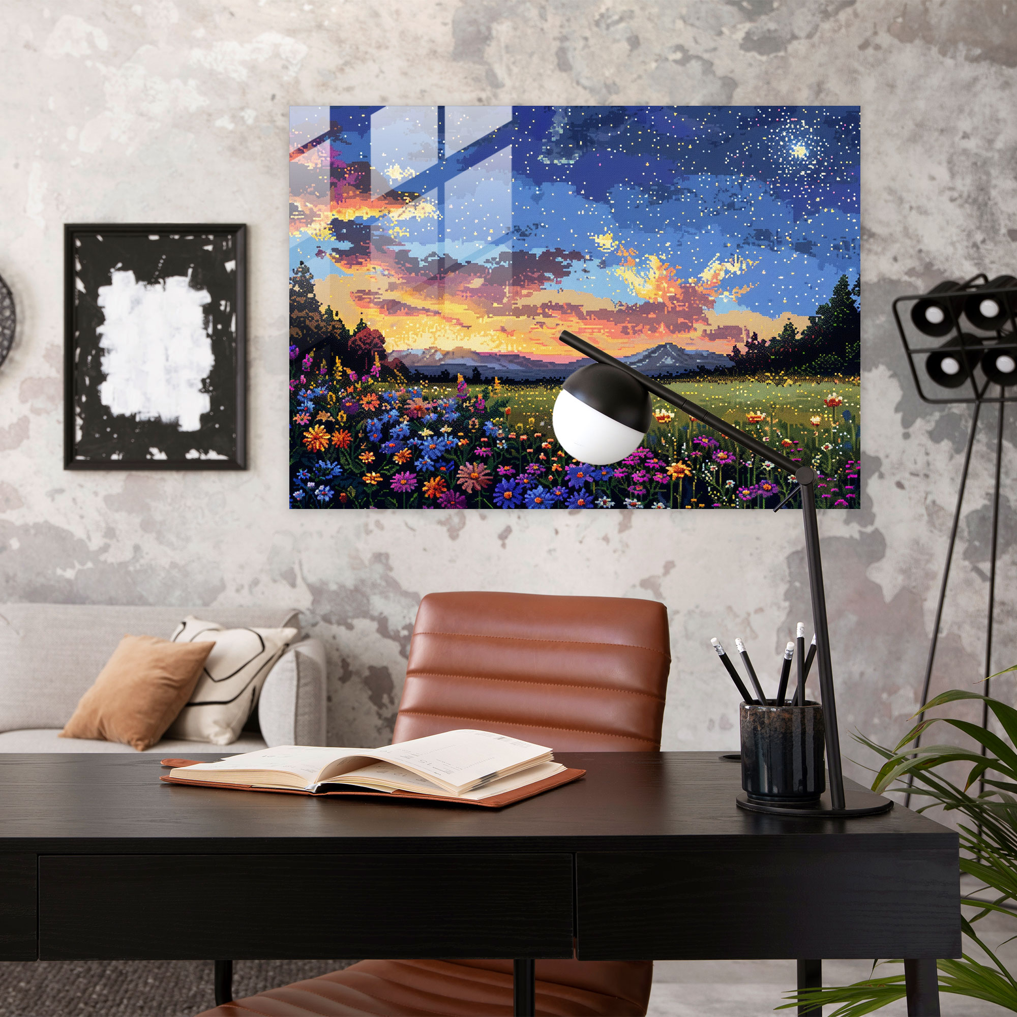 Pointillism Wall Decoration - Starry Night Field - Pointillism, Glass Print, Pointillism, Landscape