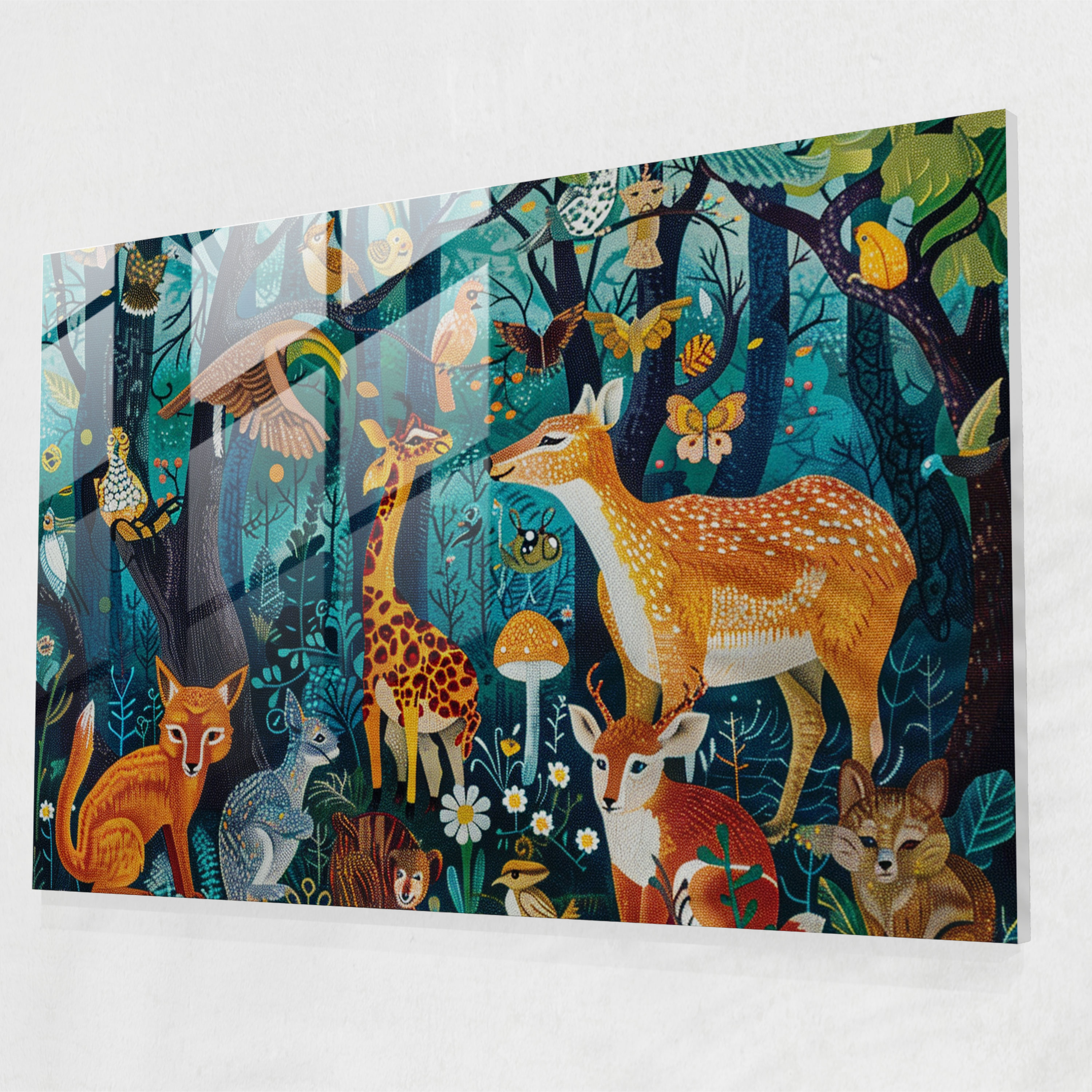 Pointillism Home Decoration - Whimsical Forest Animals - Pointillism, Home Decoration, Glass Print, Whimsical