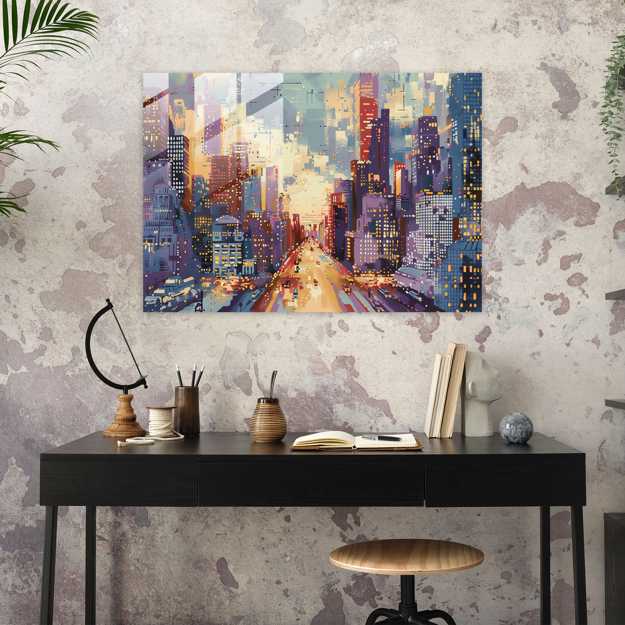 Pointillism Wall Decoration - Retro Cityscape - Pointillism, Home Decoration, Pointillism, Skyscrapers