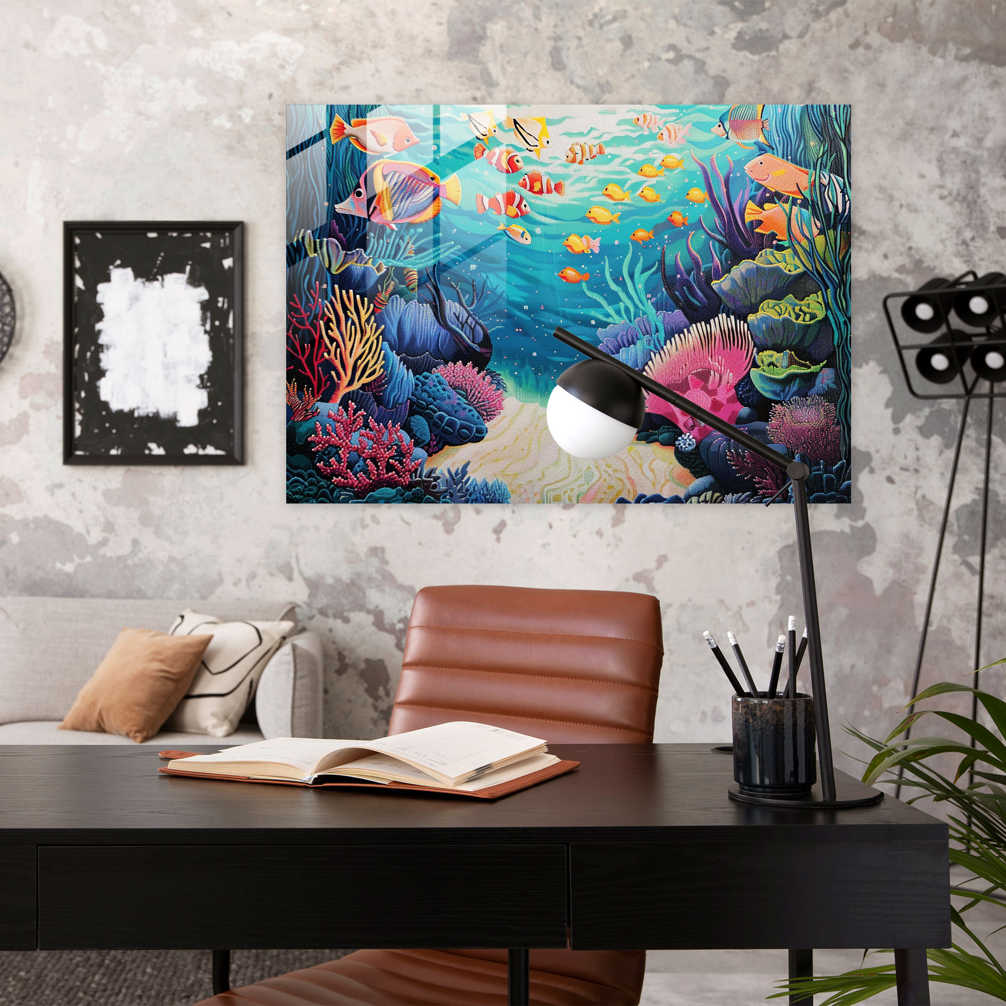 Pointillism Glass Print - Underwater Wonderland - Pointillism, Glass Wall Art, Coral Reefs, Modern Art