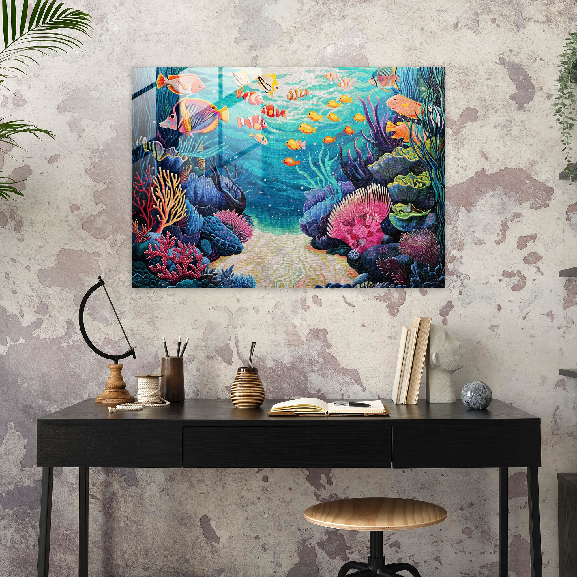 Pointillism Glass Print - Underwater Wonderland - Pointillism, Glass Wall Art, Coral Reefs, Modern Art