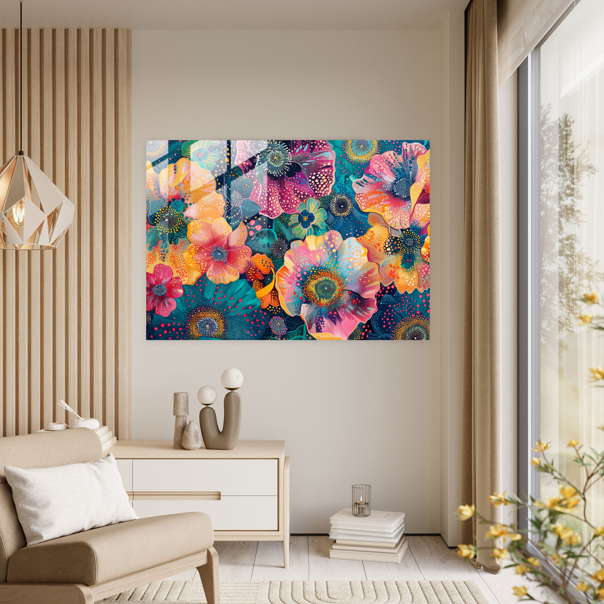 Pointillism Glass Art - Vibrant Floral Abstract - Pointillism, Glass Wall Art, Glass Print, Pointillism