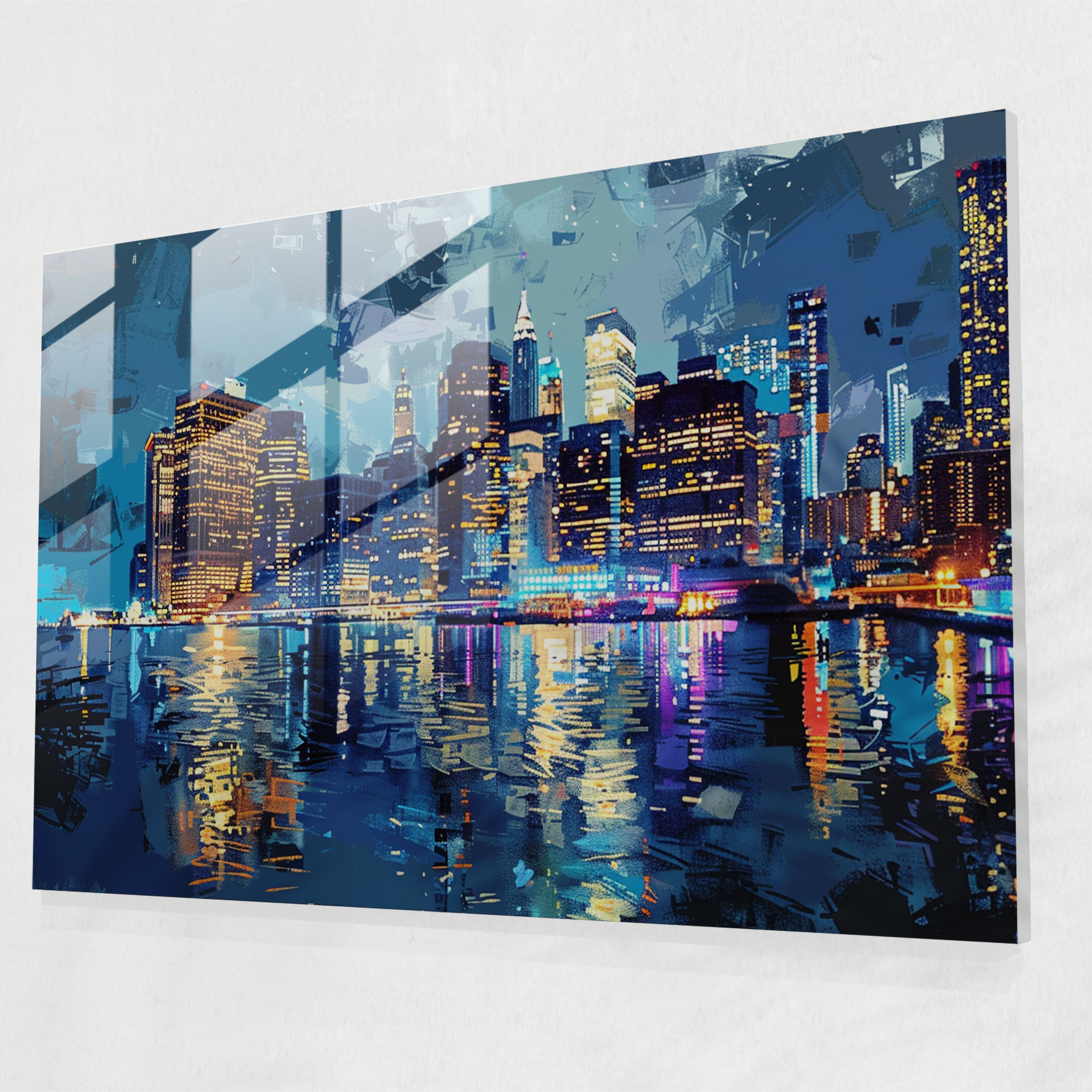 Pointillism Glass Wall Art - Urban Lightscape - Pointillism, Modern Art, Pointillism, City Skyline