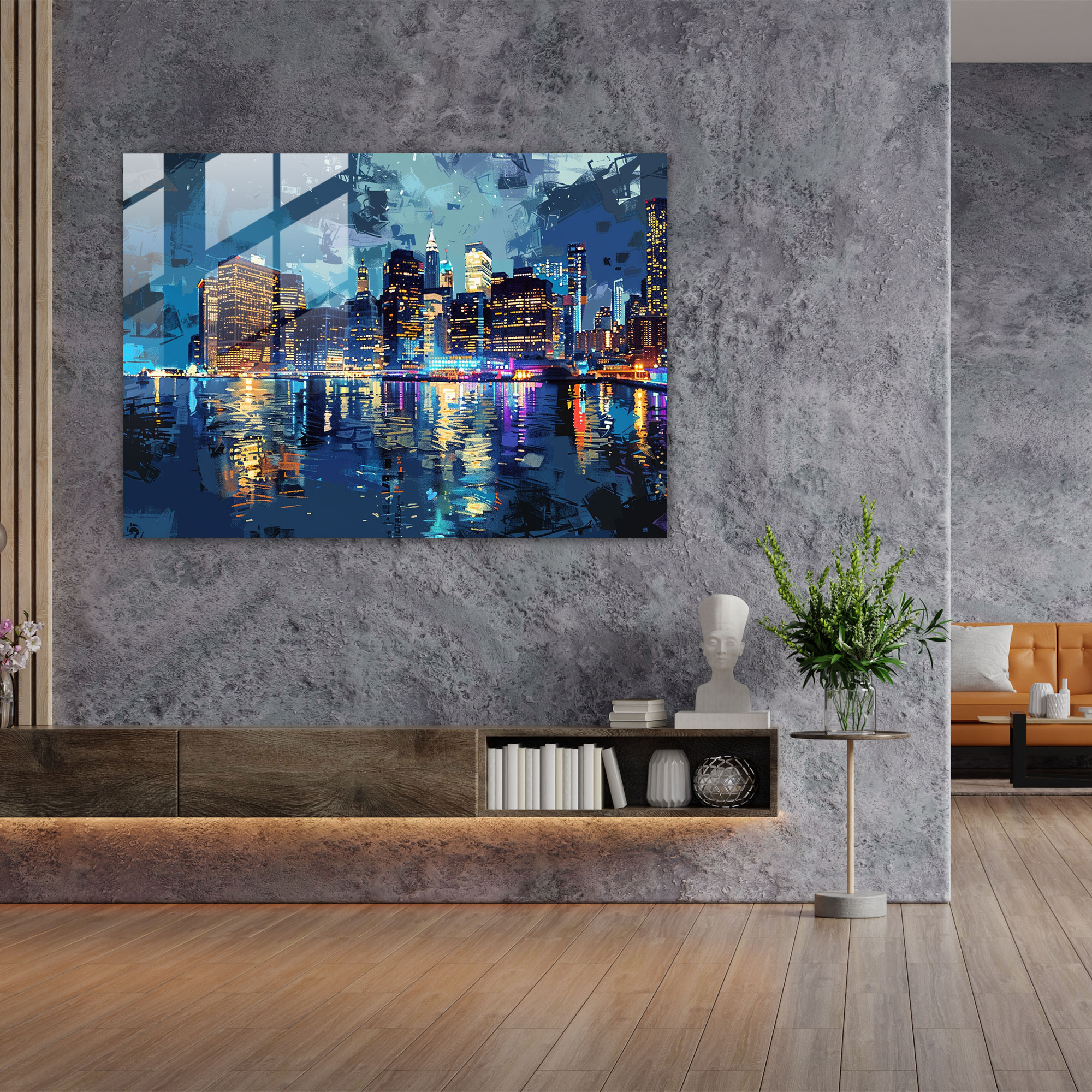 Pointillism Glass Wall Art - Urban Lightscape - Pointillism, Modern Art, Pointillism, City Skyline