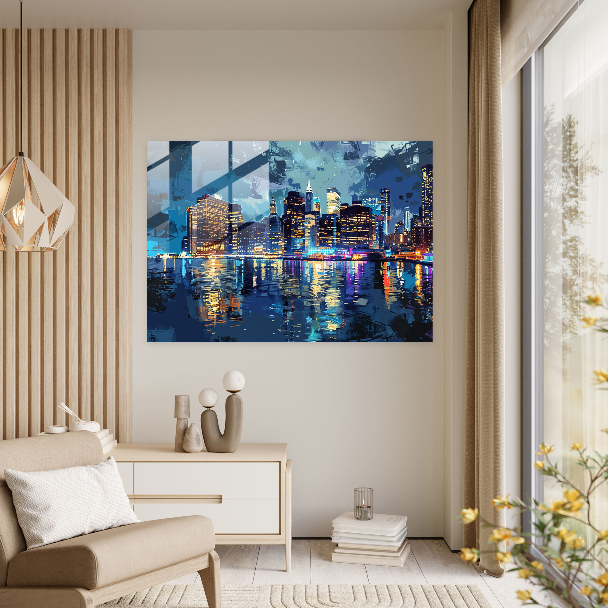 Pointillism Glass Wall Art - Urban Lightscape - Pointillism, Modern Art, Pointillism, City Skyline