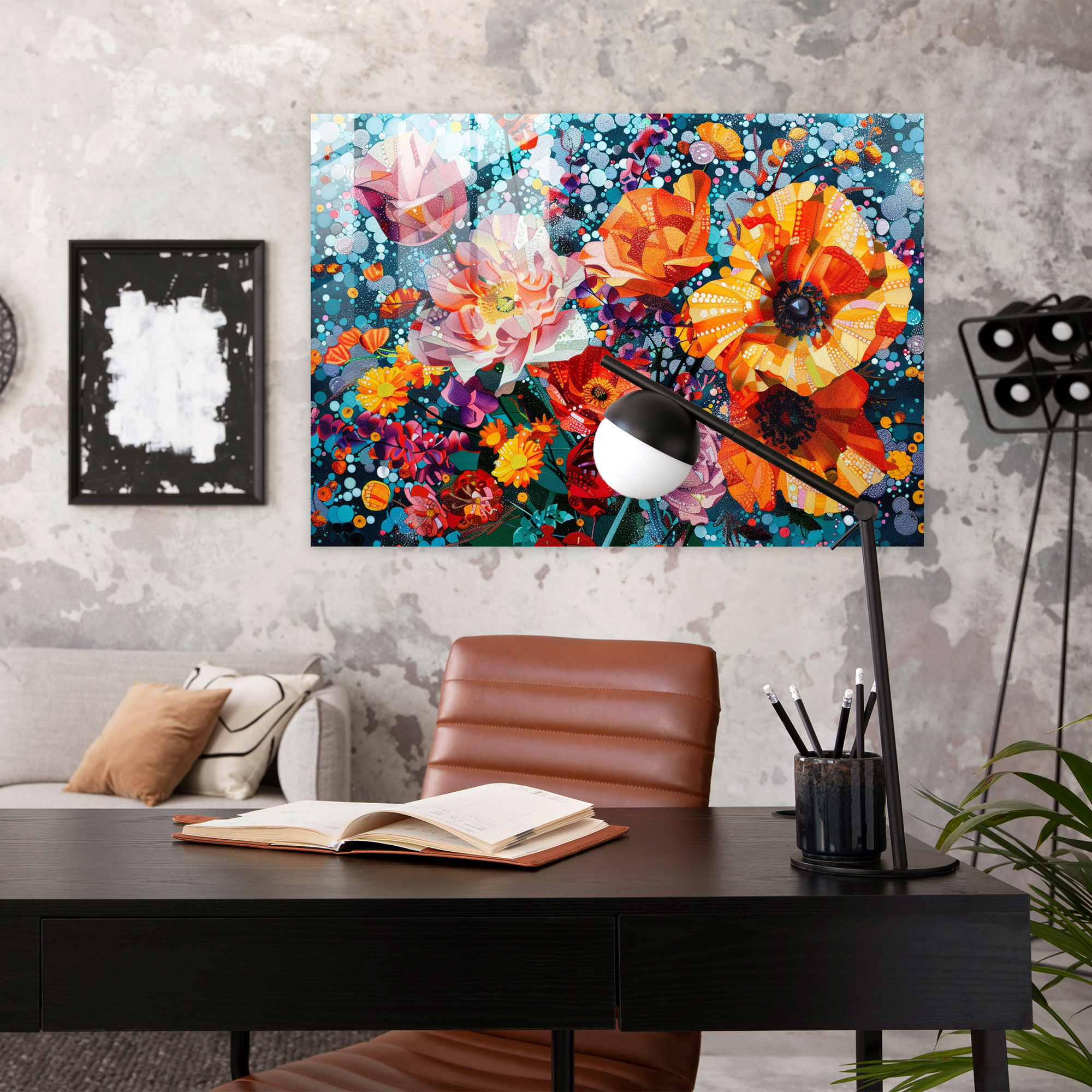 Vibrant Floral Pointillism Glass Print - Pointillism, Vibrant, Glass Wall Art, Floral