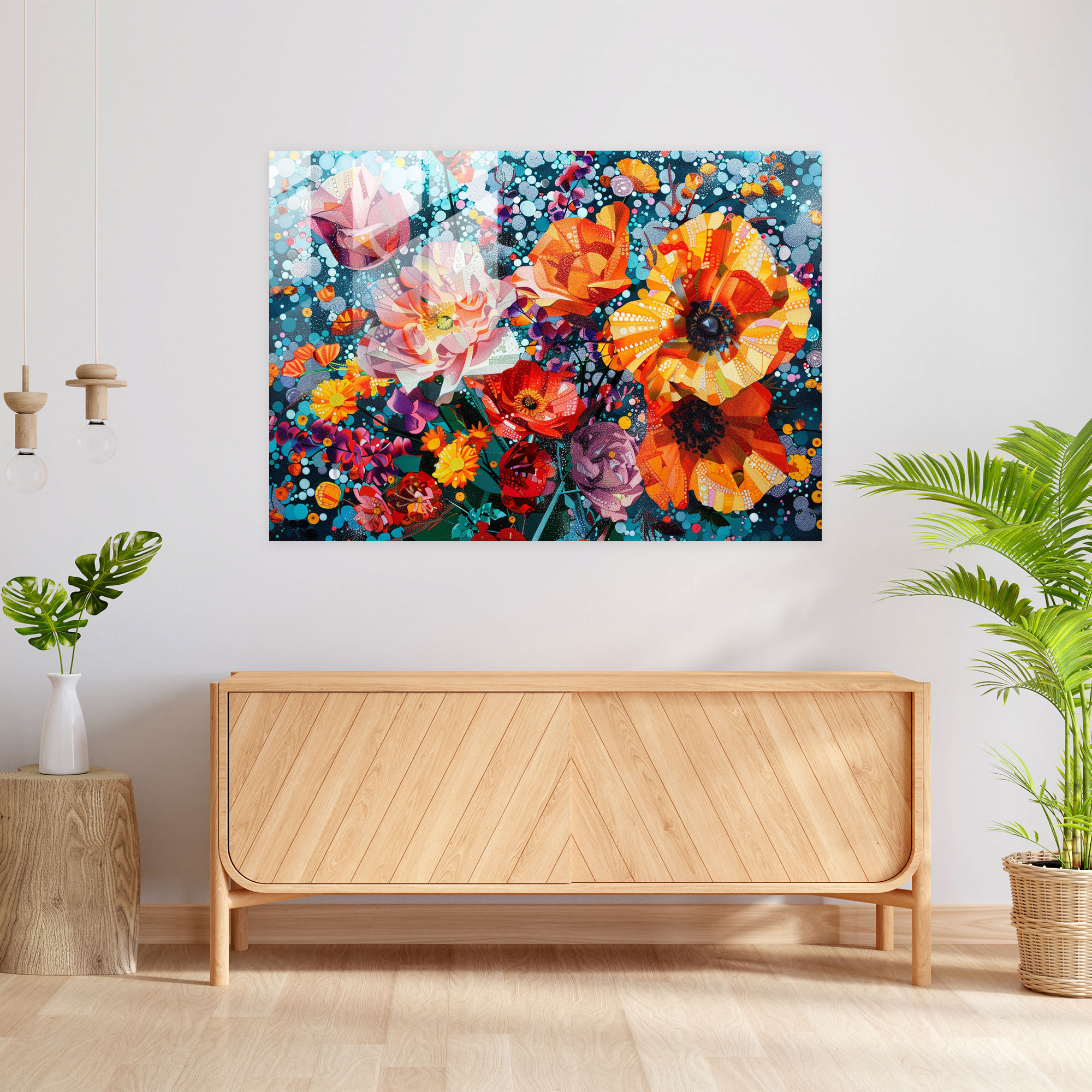 Vibrant Floral Pointillism Glass Print - Pointillism, Vibrant, Glass Wall Art, Floral
