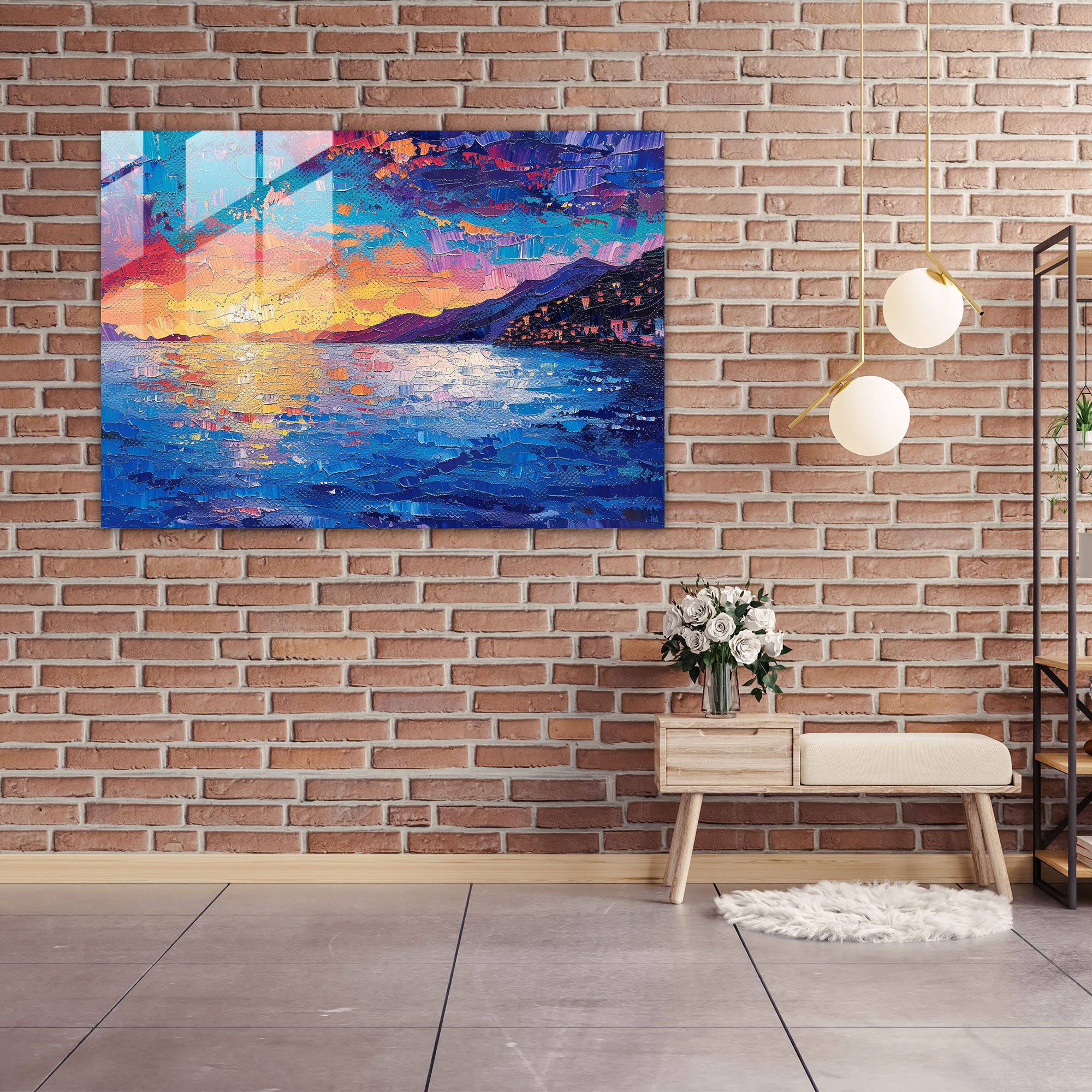 Sunset Seaside Pointillism Glass Wall Art - Pointillism, Sunset, Seaside, Modern Art