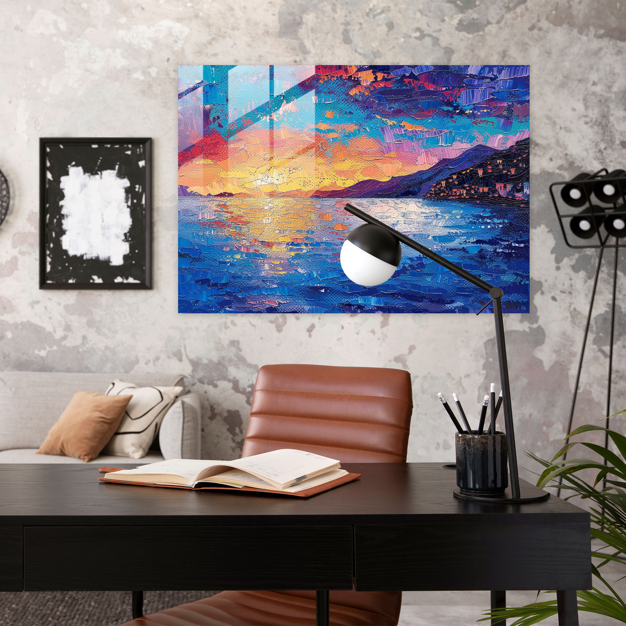 Sunset Seaside Pointillism Glass Wall Art - Pointillism, Sunset, Seaside, Modern Art