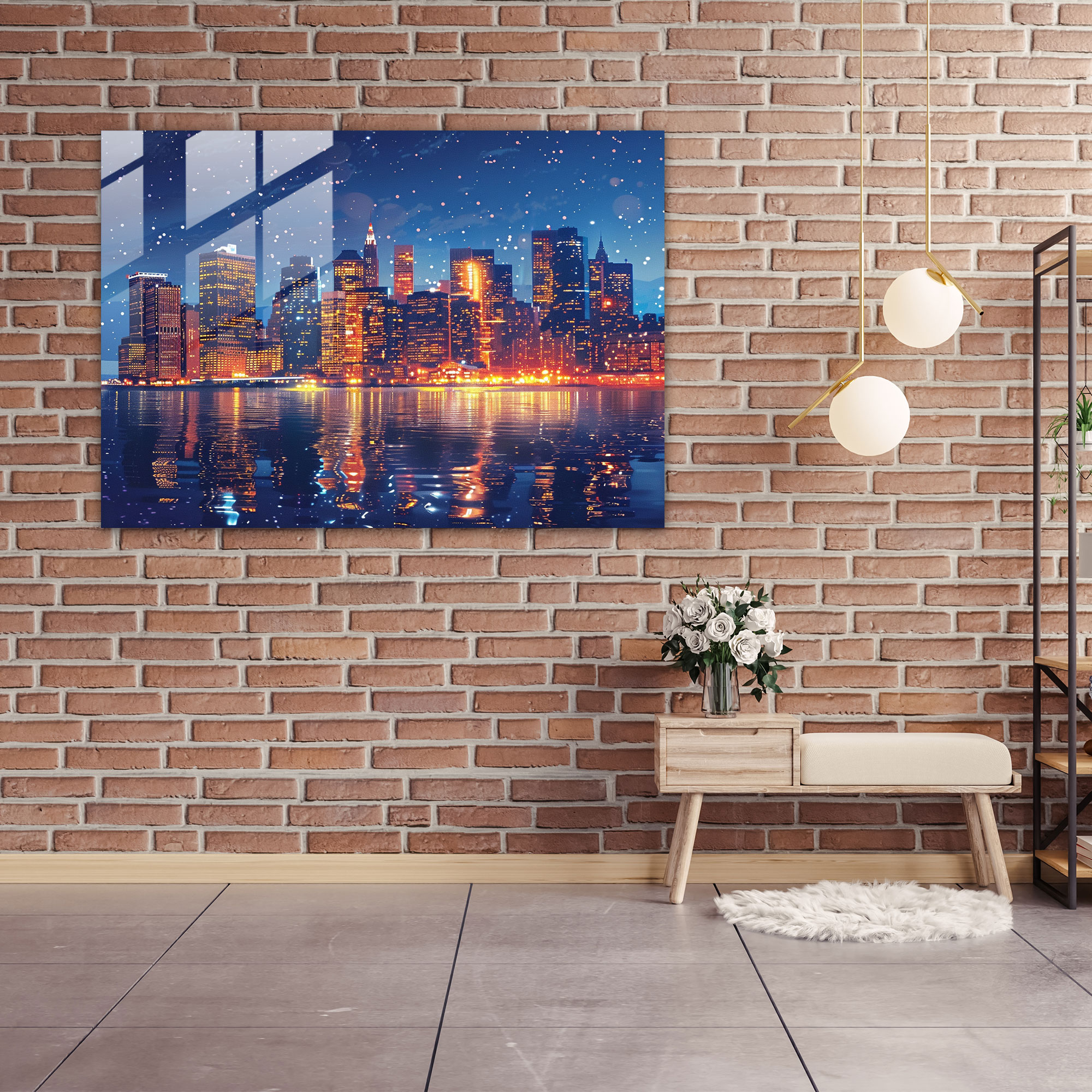 Night City Skyline Pointillism Wall Decoration - Pointillism, Modern Art, City Skyline, Glass Print