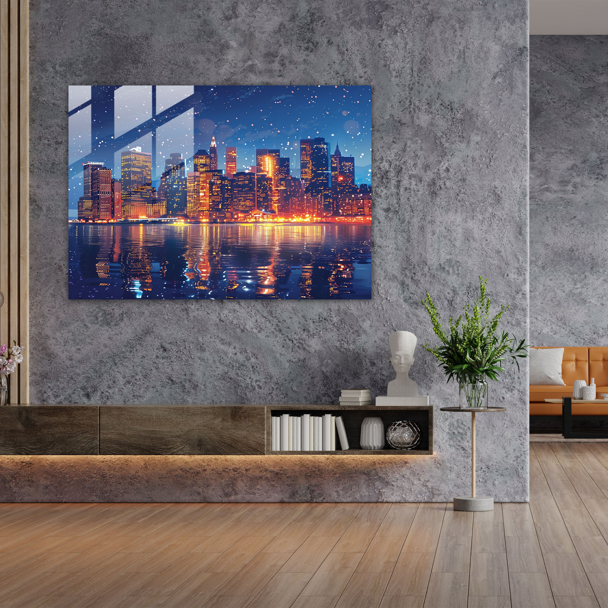 Night City Skyline Pointillism Wall Decoration - Pointillism, Modern Art, City Skyline, Glass Print