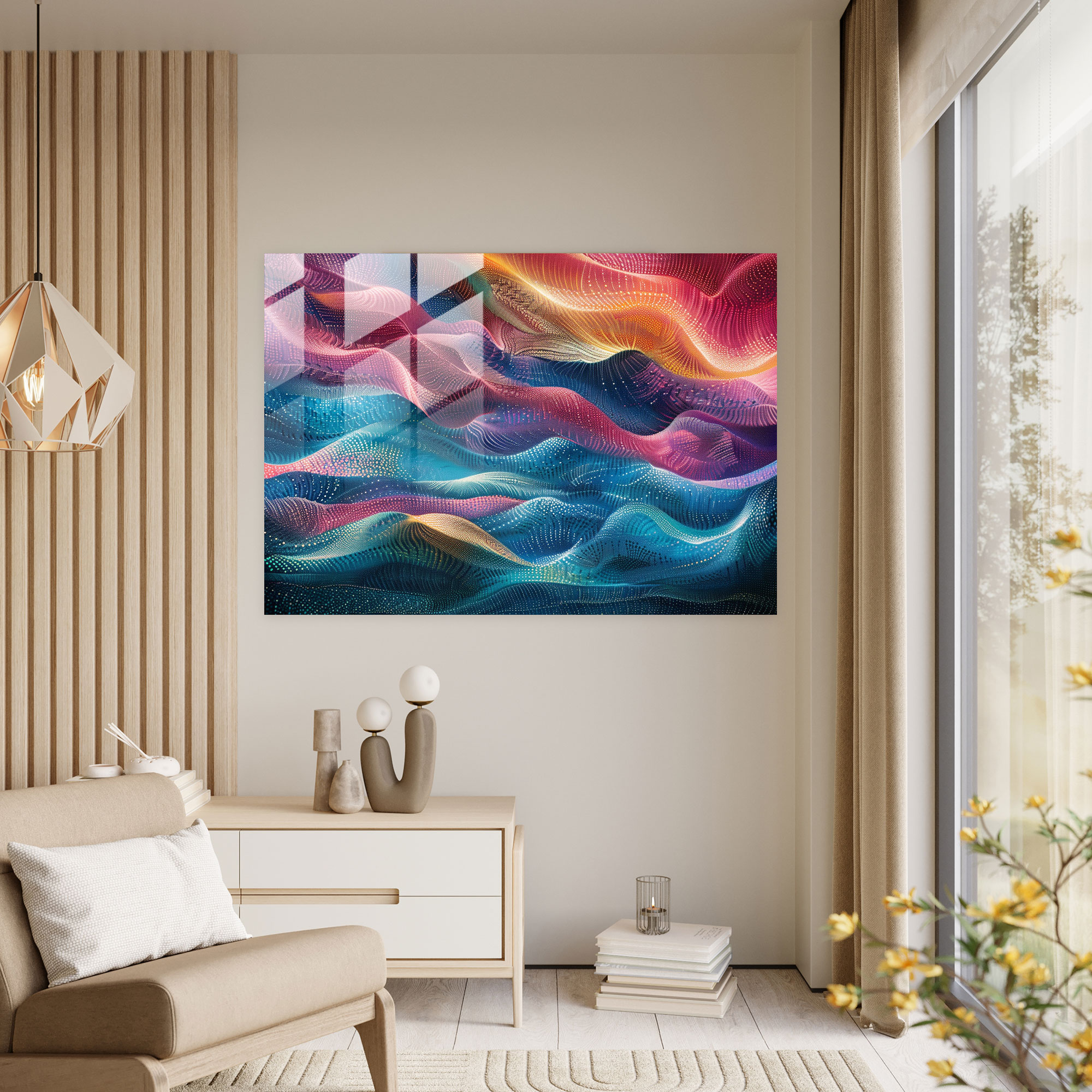 Abstract Waves Pointillism Glass Print - Pointillism, Waves, Modern Art, Glass Art