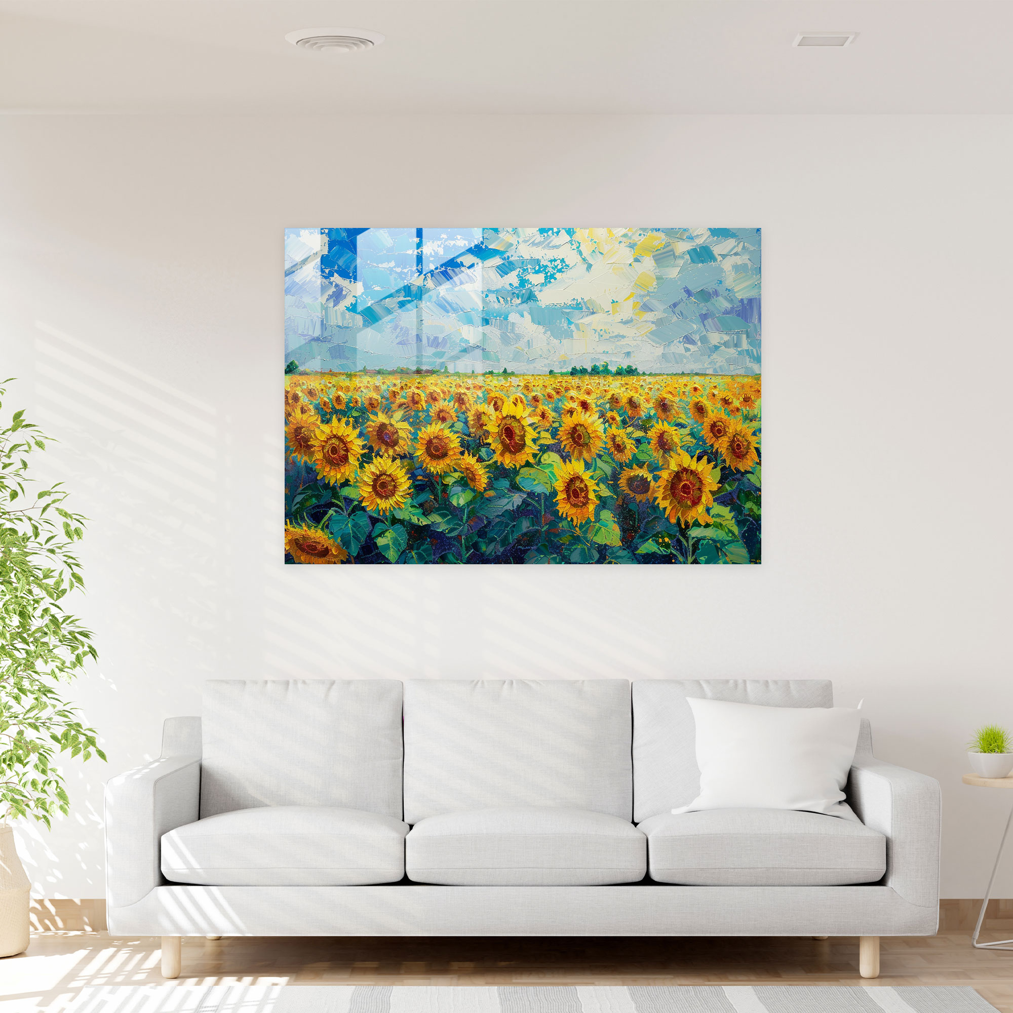 Sunflower Fields Pointillism Glass Wall Art - Pointillism, Bright, Glass Art, Pointillism