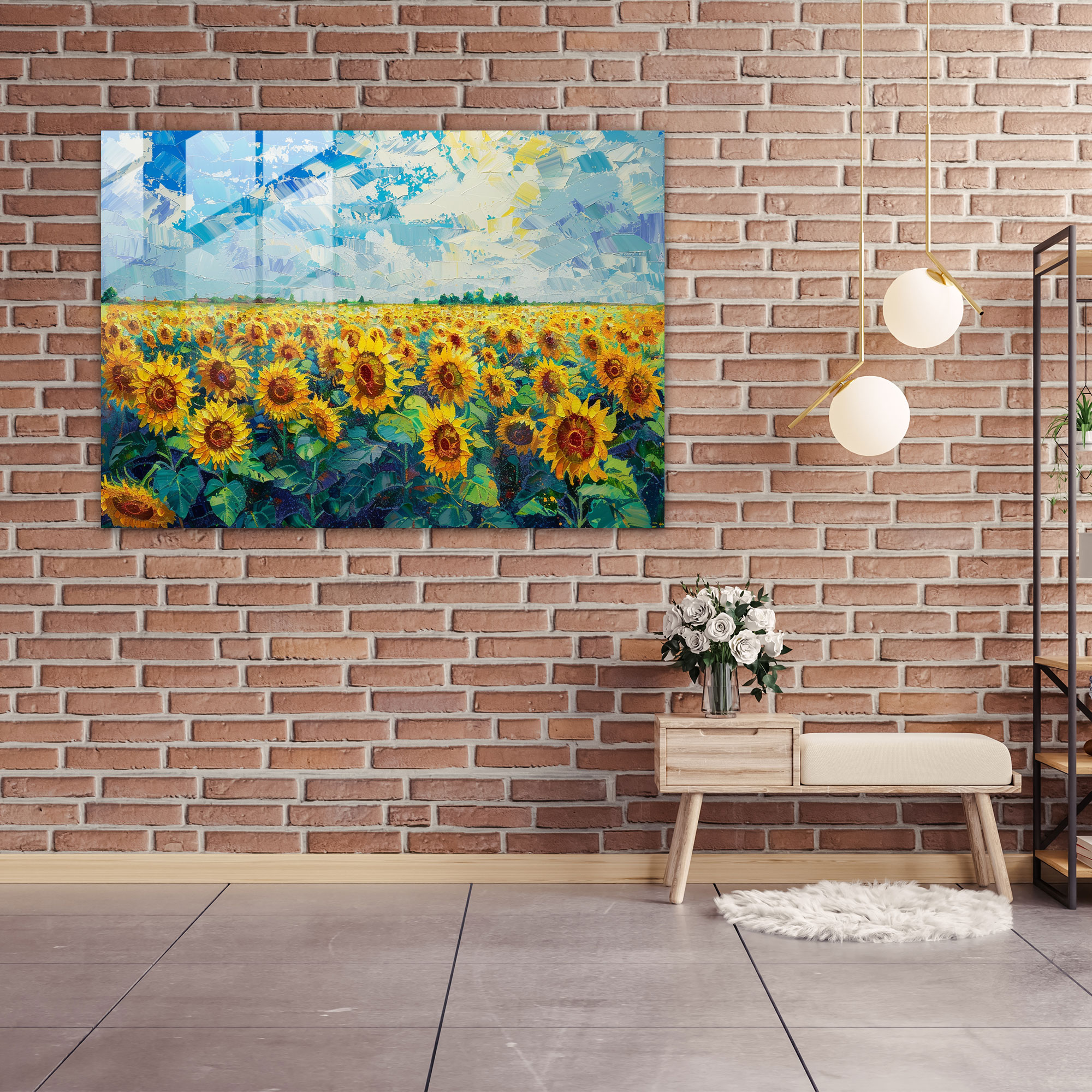 Sunflower Fields Pointillism Glass Wall Art - Pointillism, Bright, Glass Art, Pointillism