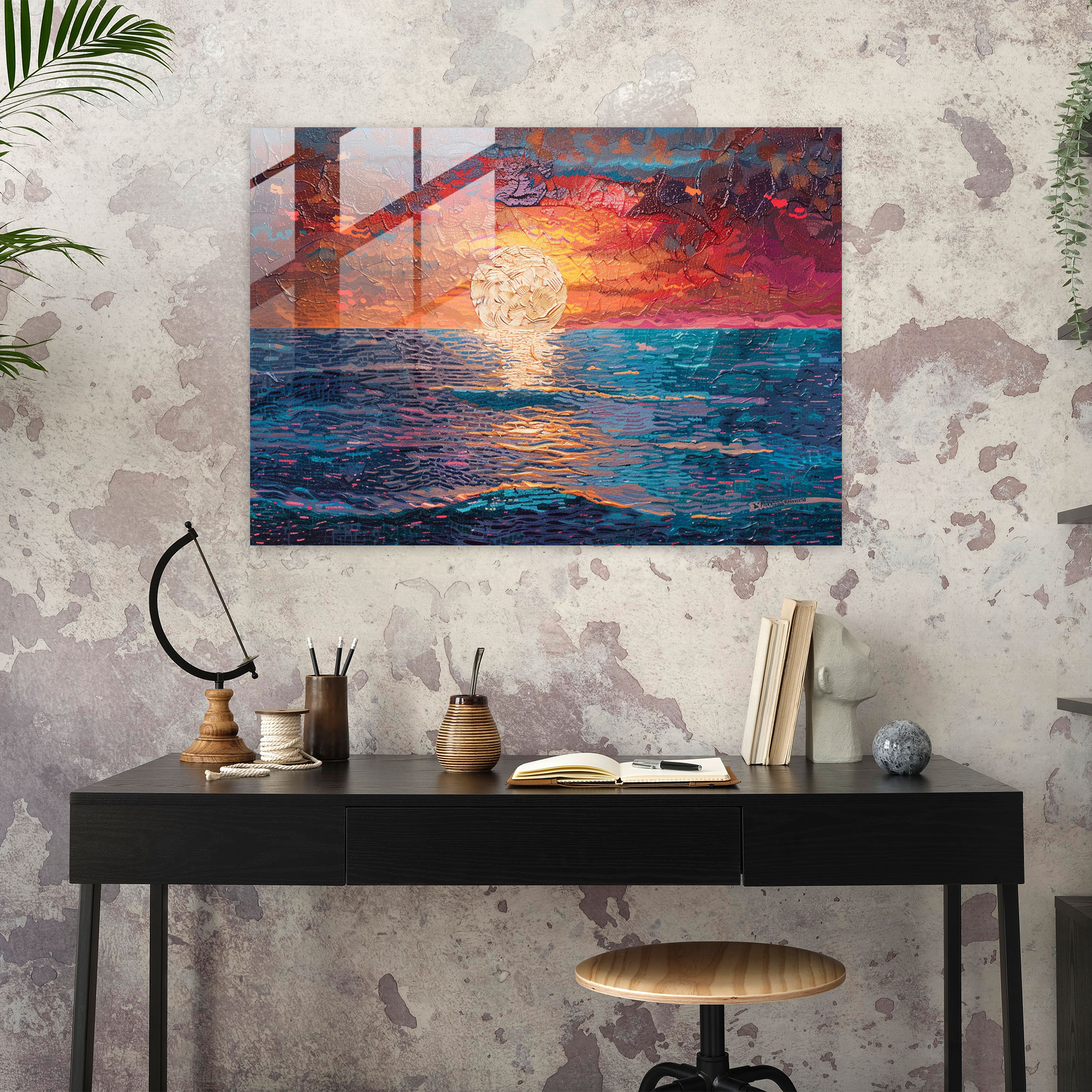 Sunset Seascape Pointillism Glass Art - Pointillism, Glass Wall Art, Home Decoration, Glass Art