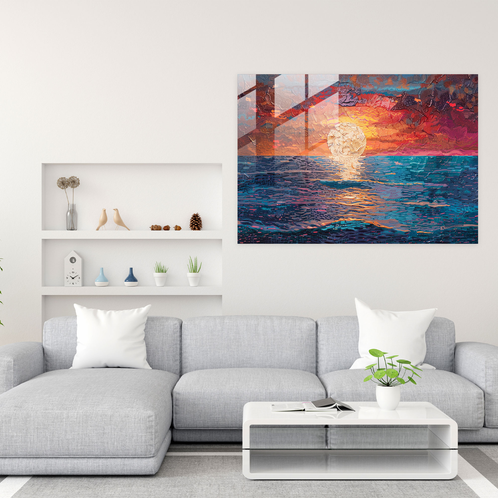 Sunset Seascape Pointillism Glass Art - Pointillism, Glass Wall Art, Home Decoration, Glass Art